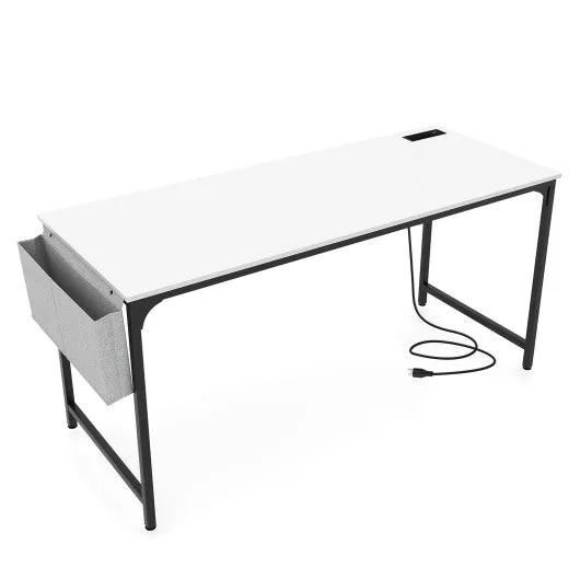 60 Inch Computer Desk with Charging Station Storage Bag-White