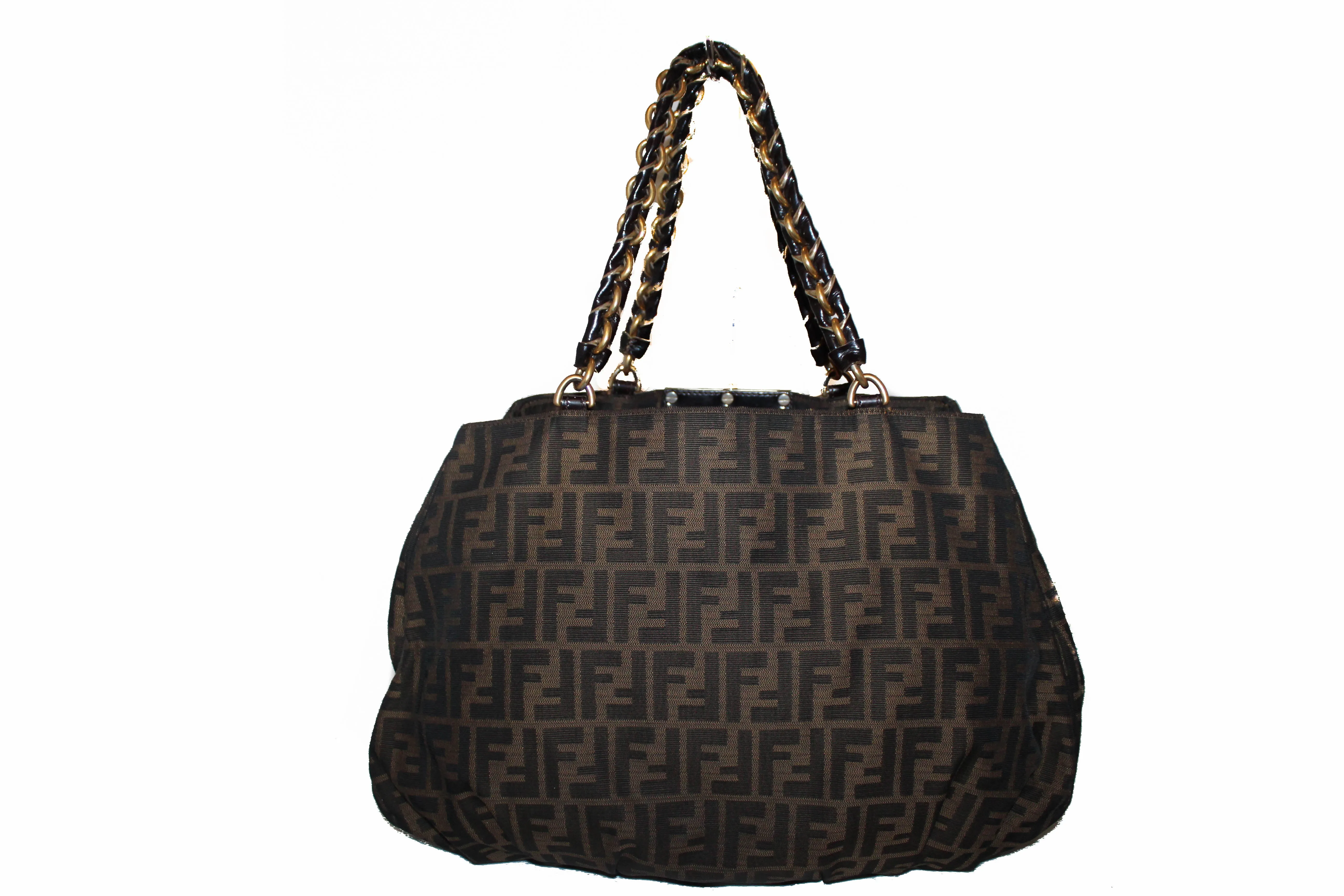 Authentic Fendi Tobacco Zucca Print Canvas Large Mia Tote Bag
