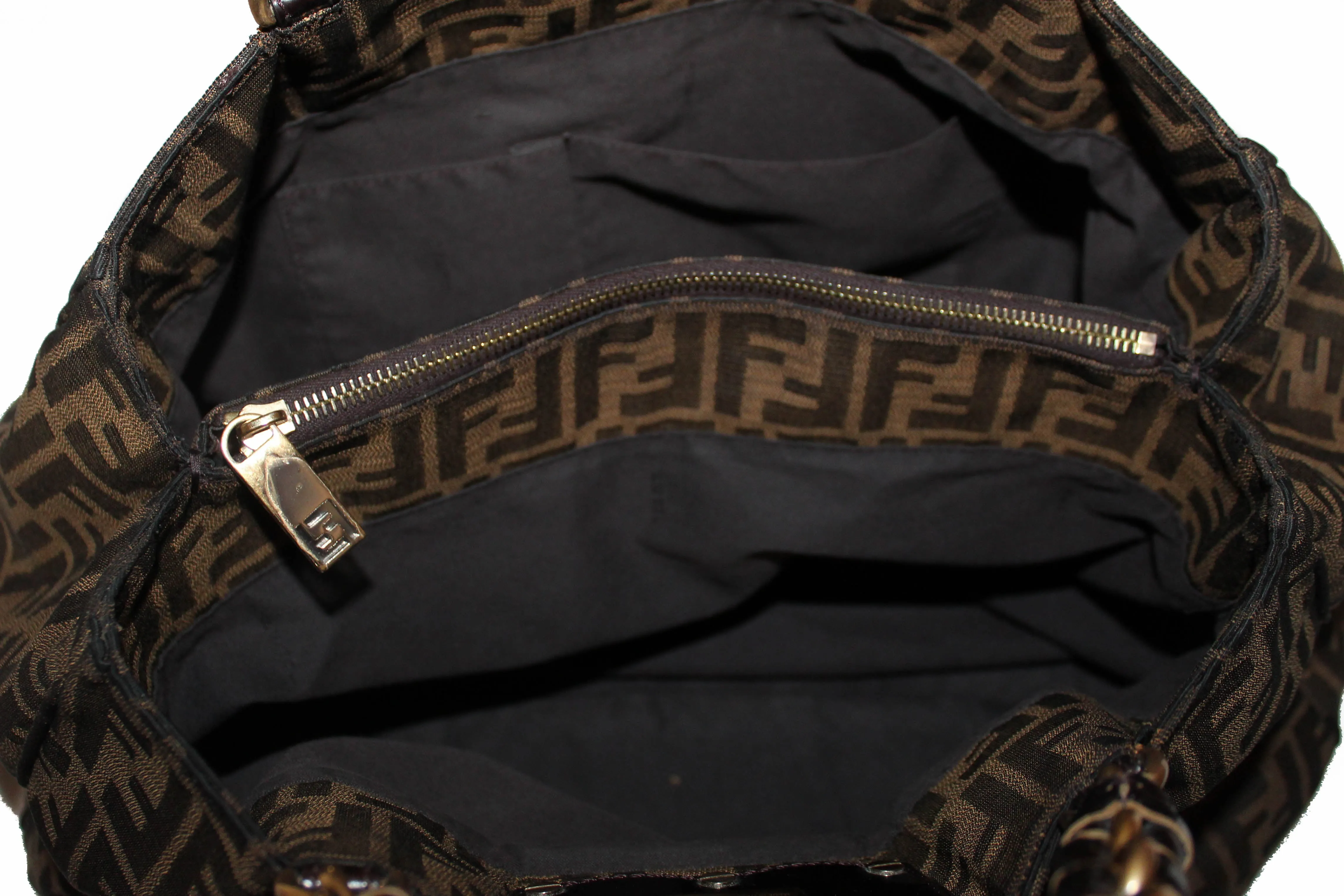 Authentic Fendi Tobacco Zucca Print Canvas Large Mia Tote Bag