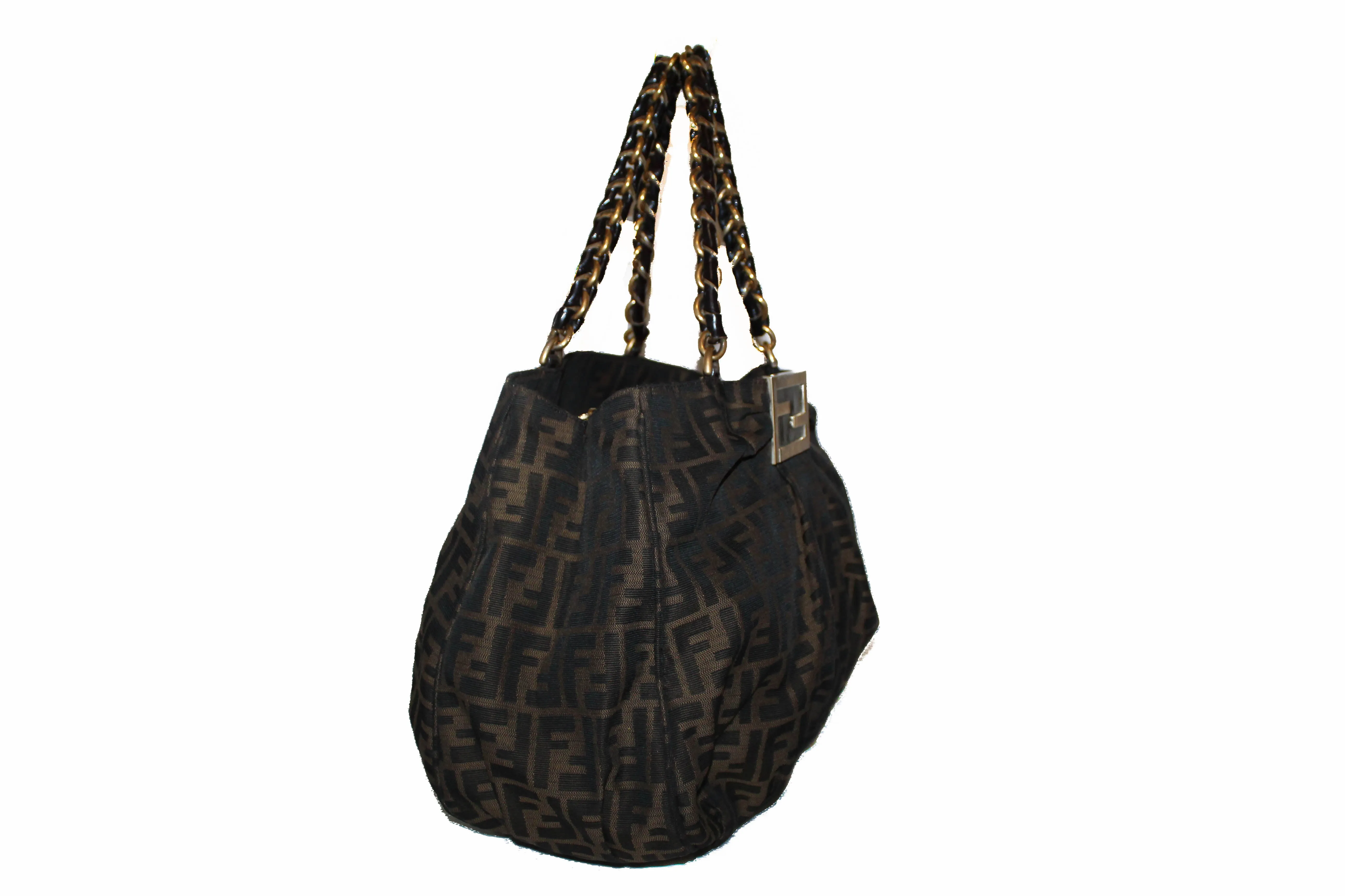 Authentic Fendi Tobacco Zucca Print Canvas Large Mia Tote Bag