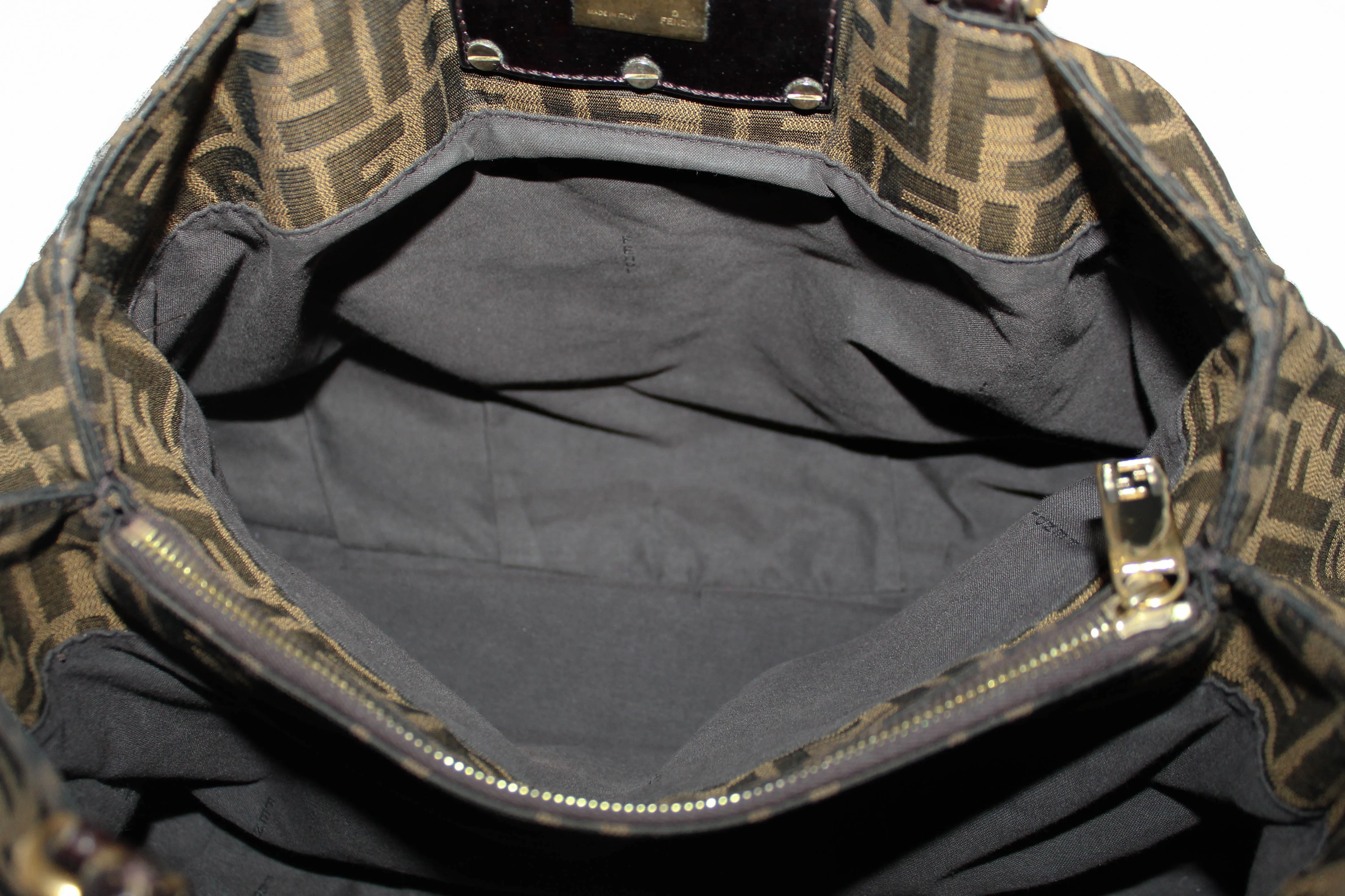 Authentic Fendi Tobacco Zucca Print Canvas Large Mia Tote Bag