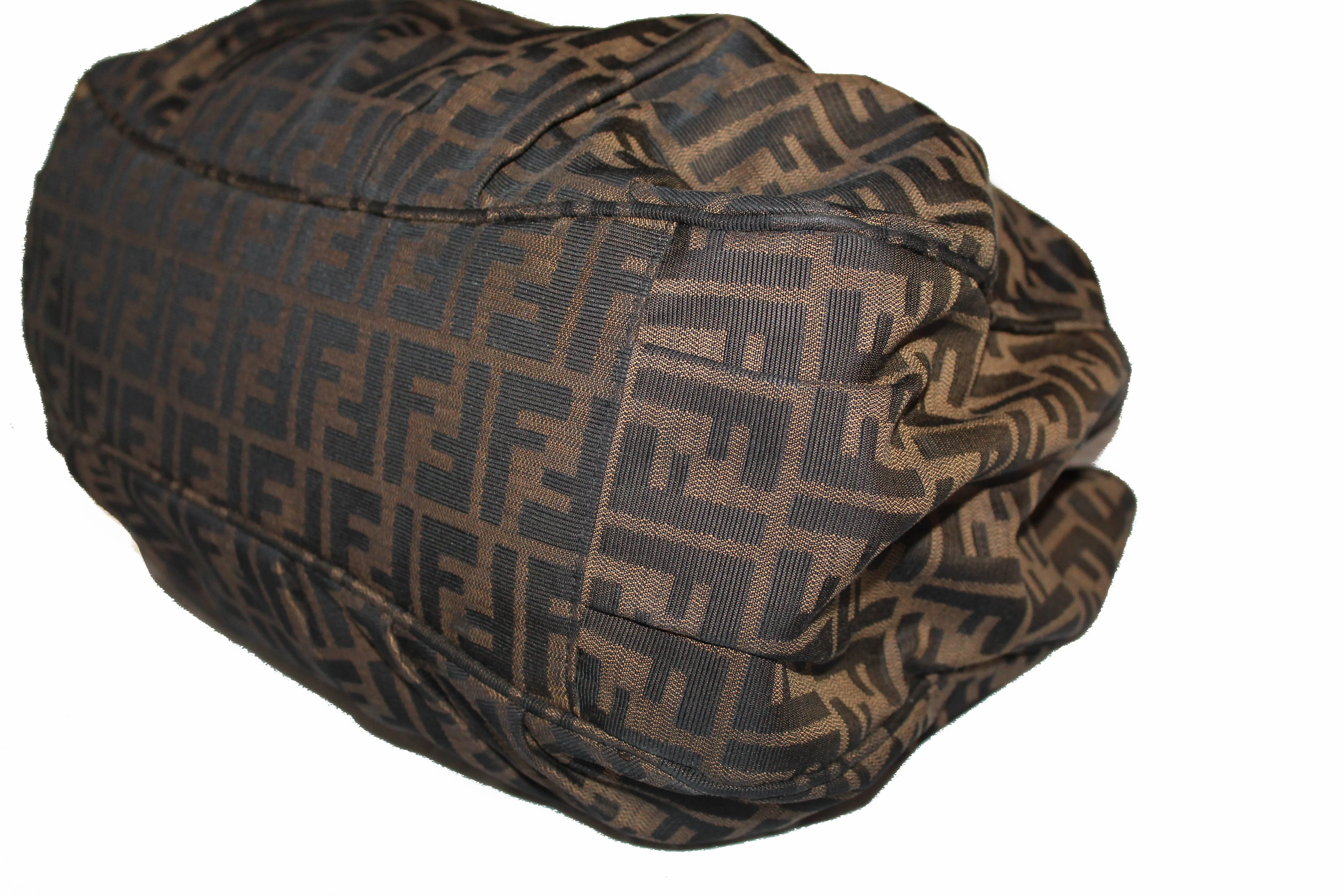 Authentic Fendi Tobacco Zucca Print Canvas Large Mia Tote Bag