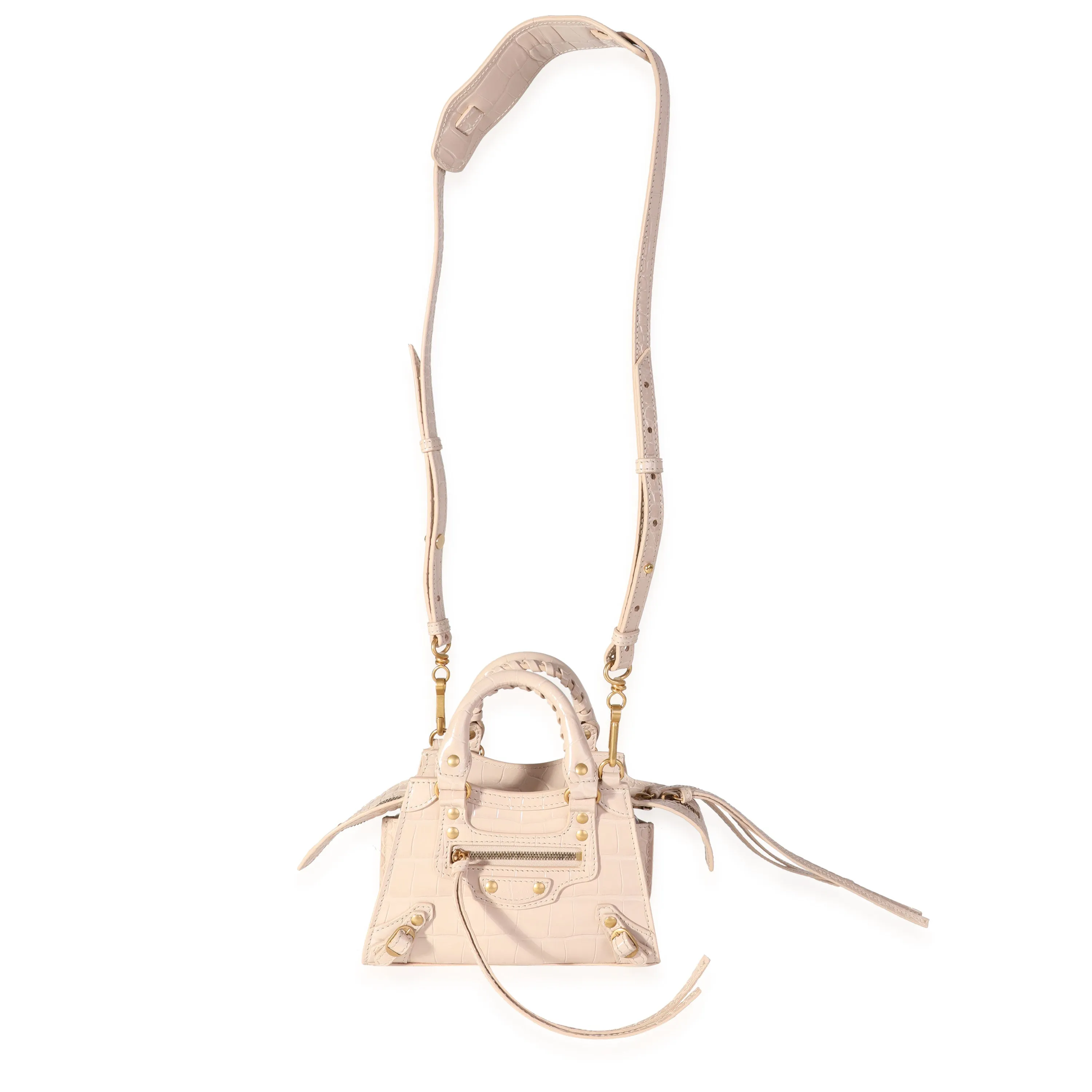 Balenciaga Light Beige Shiny Croc-Embossed Calfskin Nano Neo Classic Bag