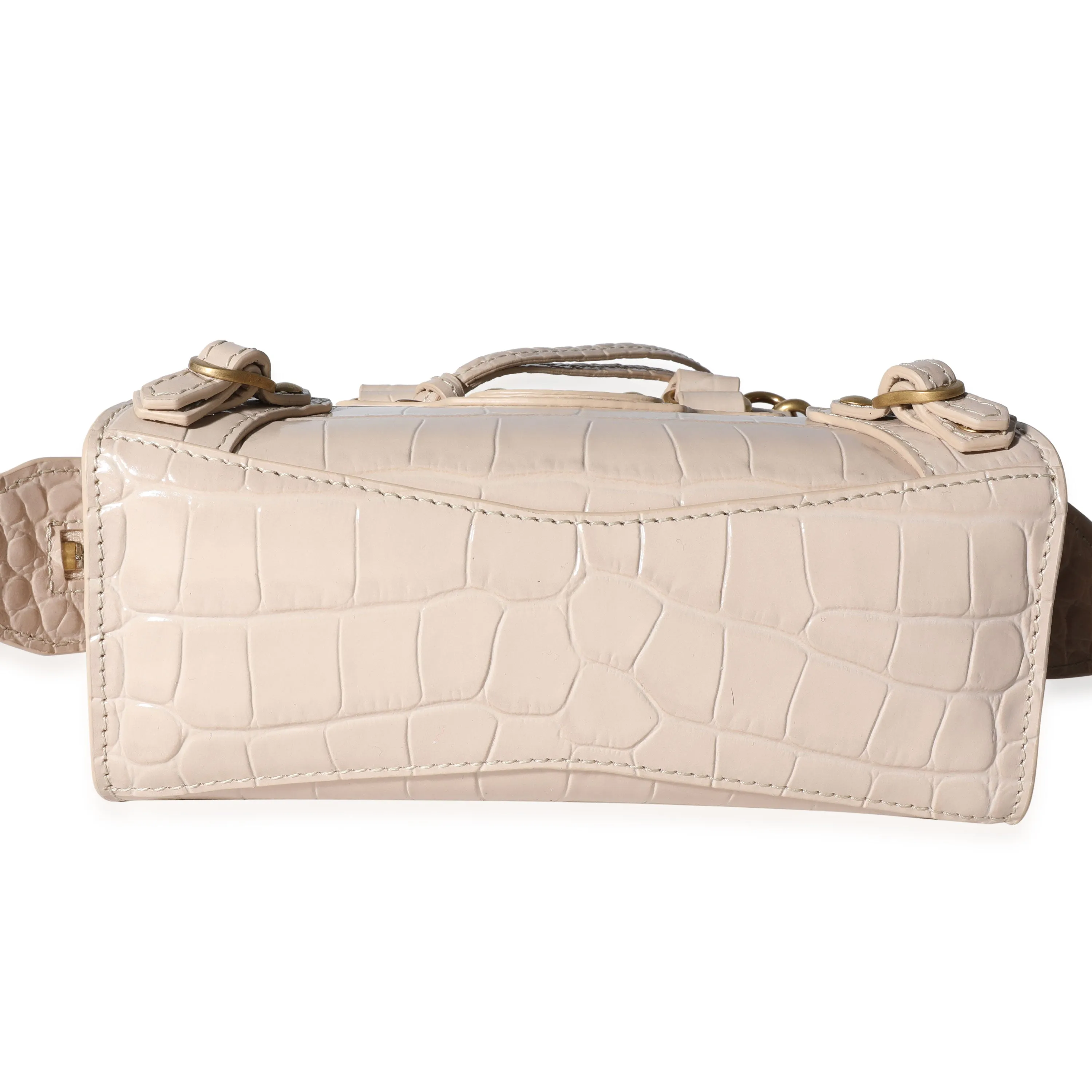 Balenciaga Light Beige Shiny Croc-Embossed Calfskin Nano Neo Classic Bag