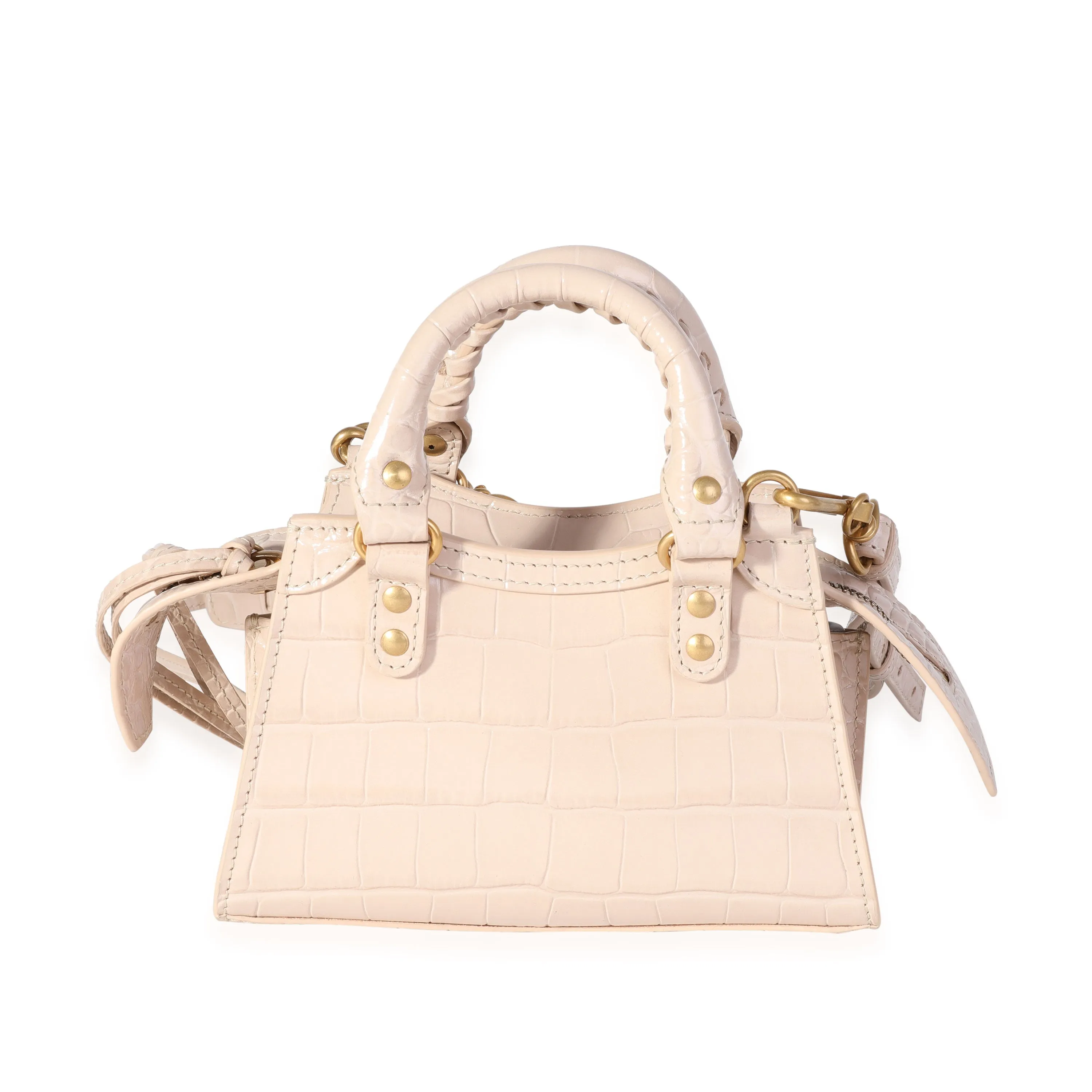 Balenciaga Light Beige Shiny Croc-Embossed Calfskin Nano Neo Classic Bag
