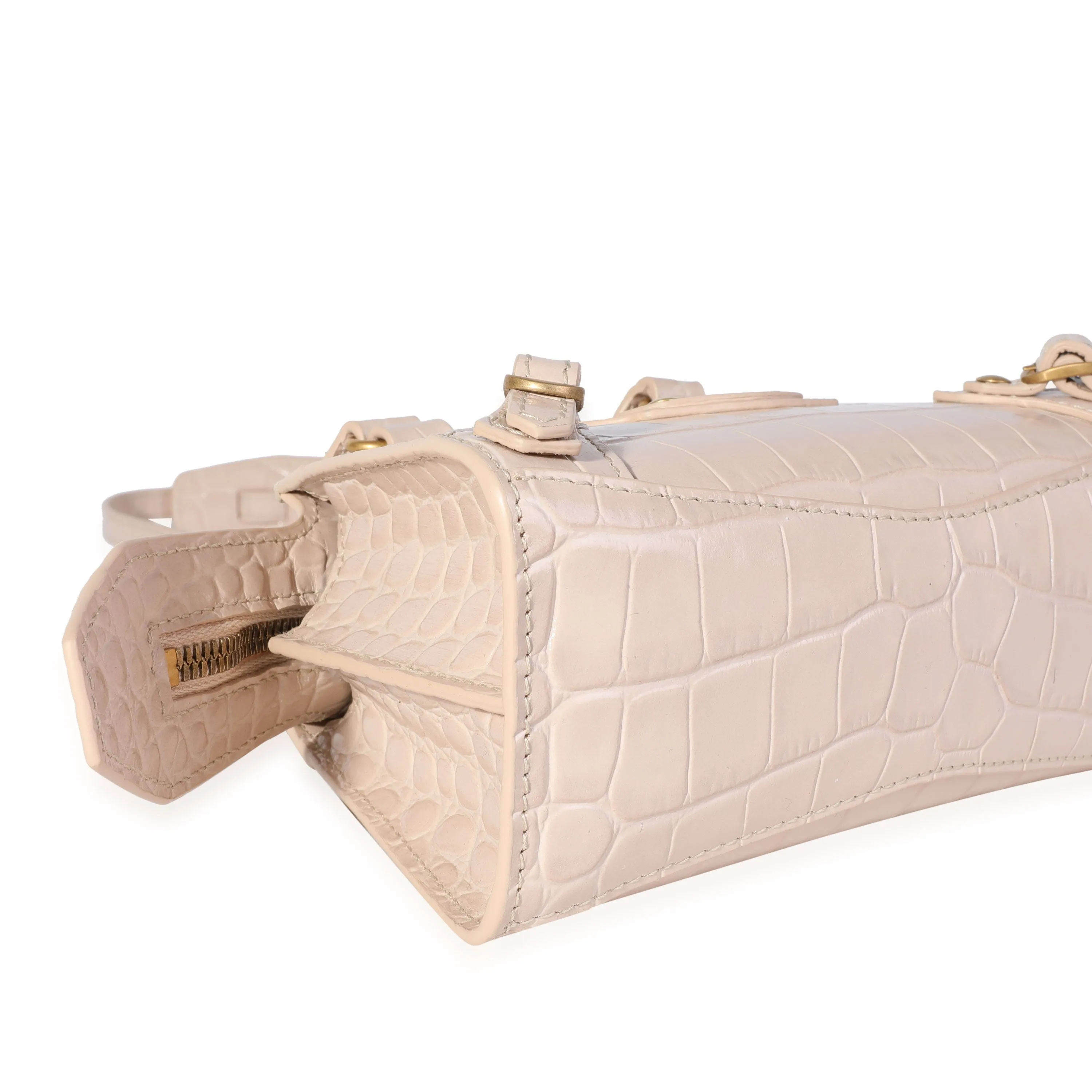 Balenciaga Light Beige Shiny Croc-Embossed Calfskin Nano Neo Classic Bag