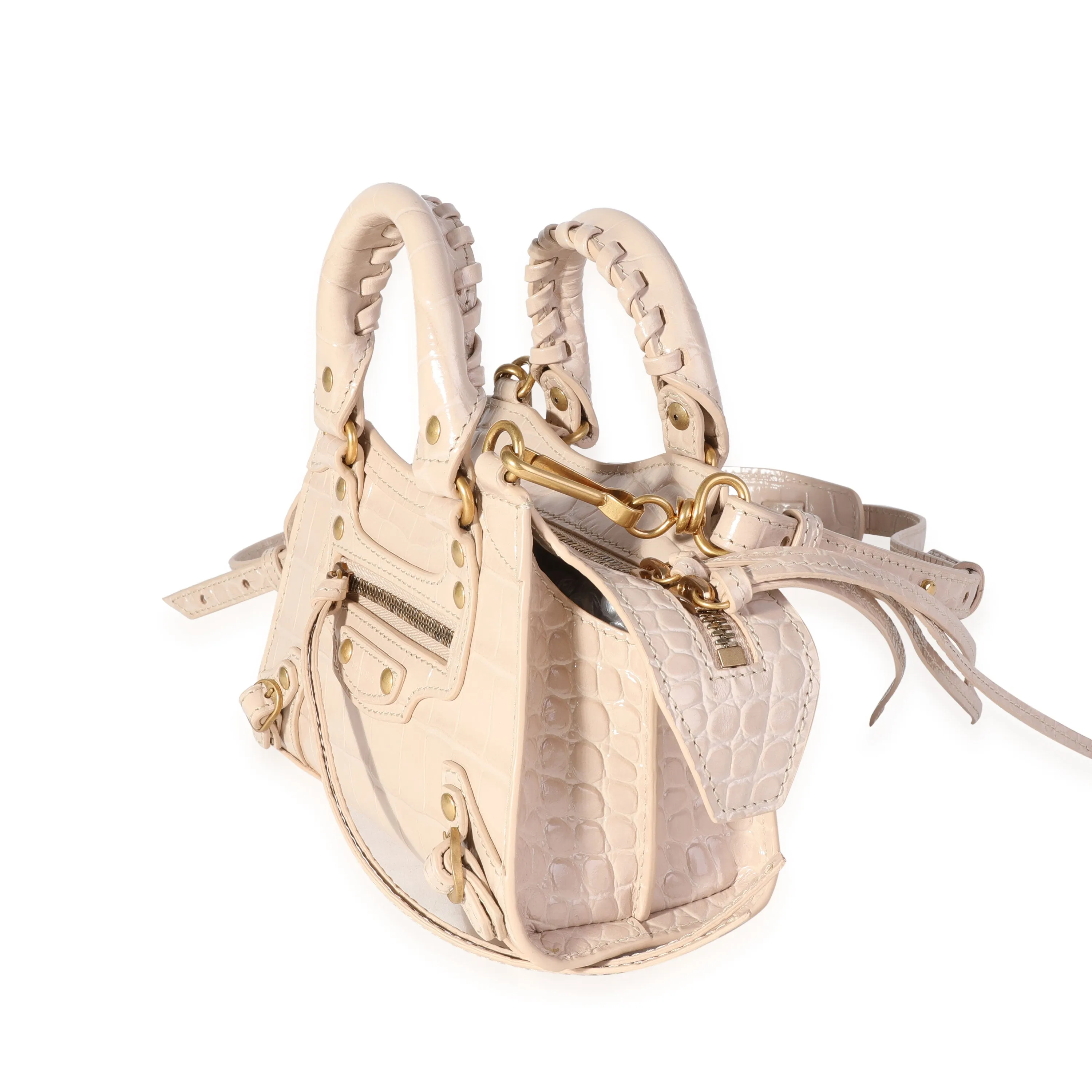 Balenciaga Light Beige Shiny Croc-Embossed Calfskin Nano Neo Classic Bag