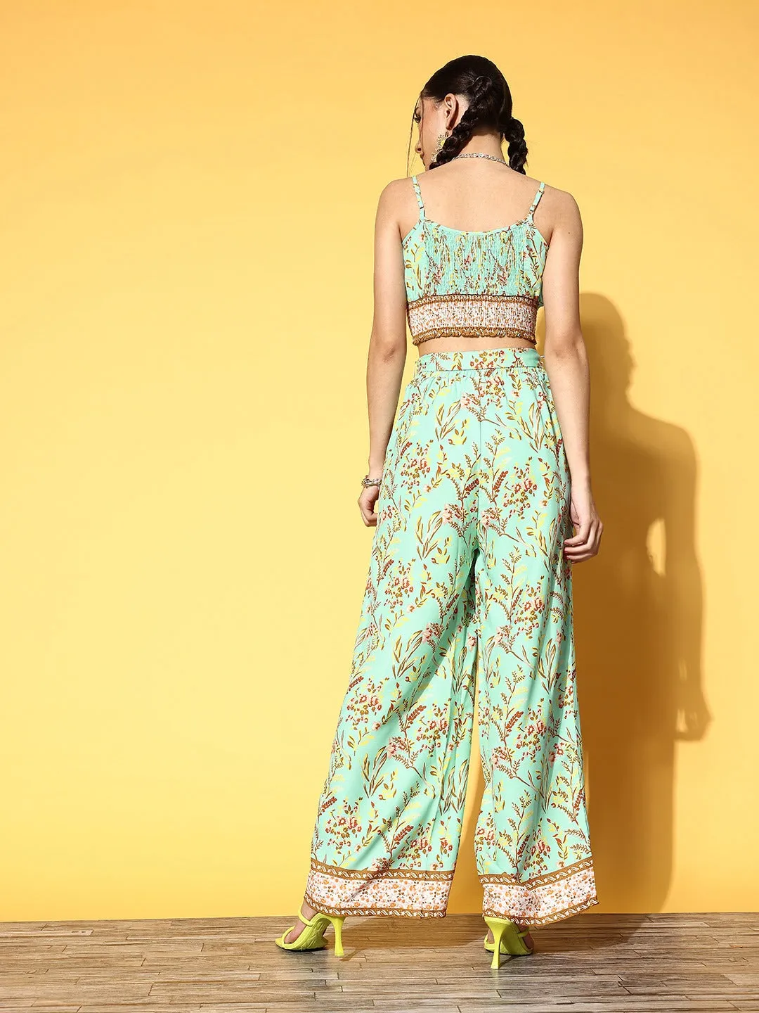 Berrylush Women Green & Yellow Floral Printed Round Neck Waist Tie-Up Crop Top & Wide-Leg Trousers Set