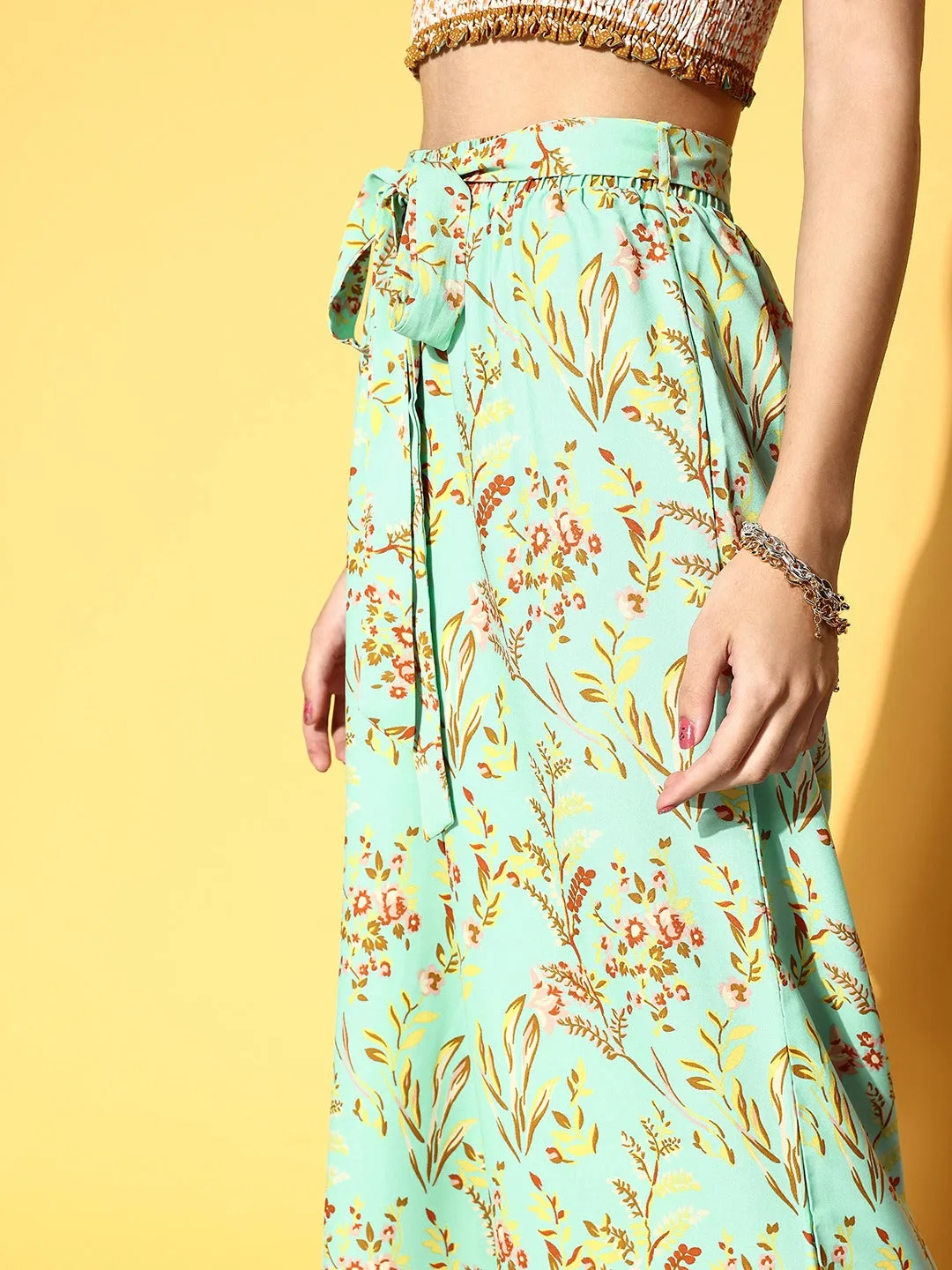 Berrylush Women Green & Yellow Floral Printed Round Neck Waist Tie-Up Crop Top & Wide-Leg Trousers Set