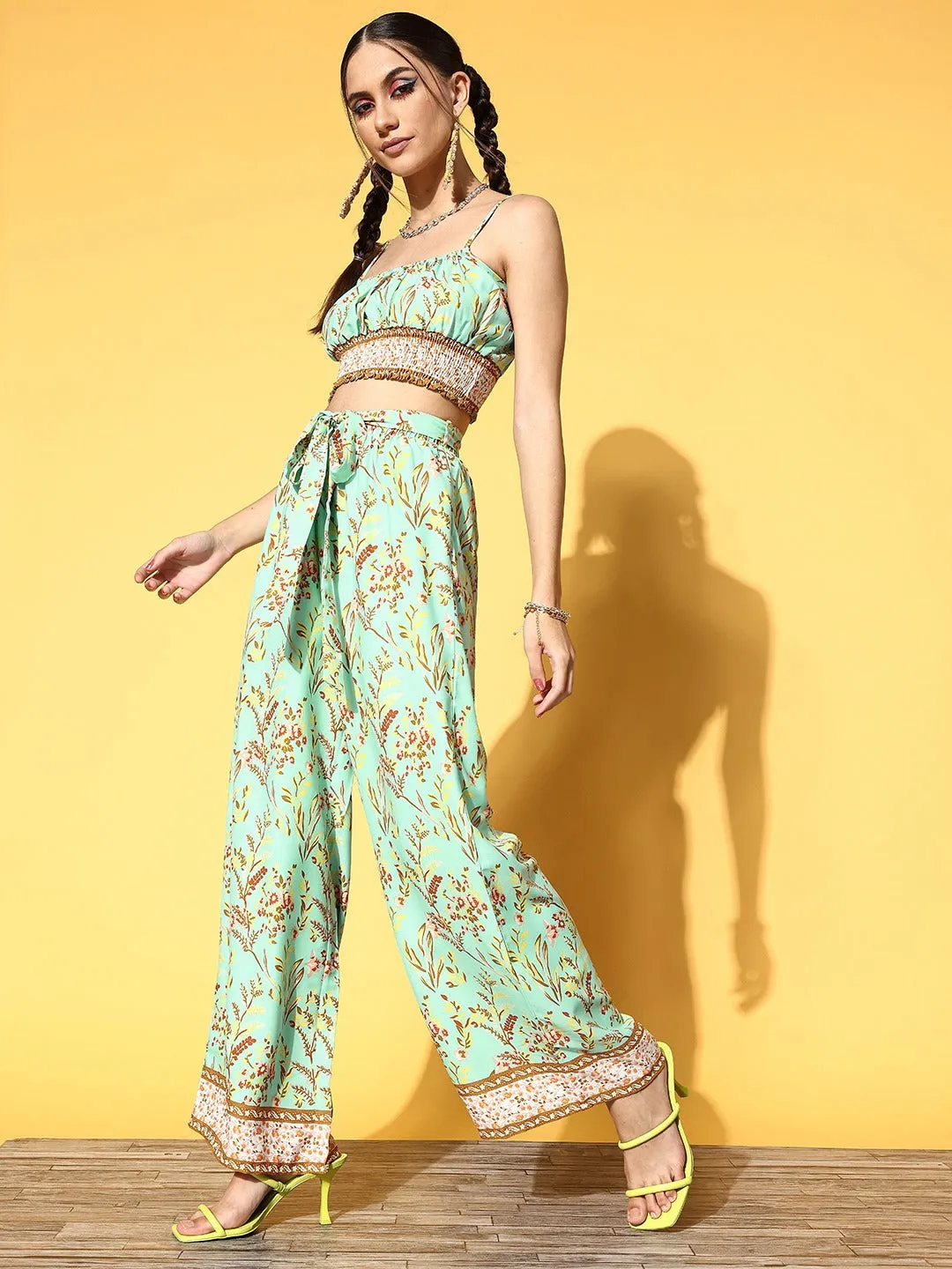 Berrylush Women Green & Yellow Floral Printed Round Neck Waist Tie-Up Crop Top & Wide-Leg Trousers Set