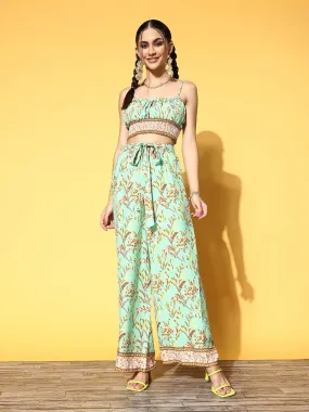 Berrylush Women Green & Yellow Floral Printed Round Neck Waist Tie-Up Crop Top & Wide-Leg Trousers Set