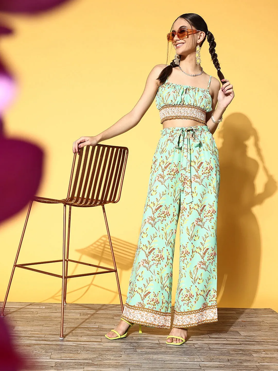 Berrylush Women Green & Yellow Floral Printed Round Neck Waist Tie-Up Crop Top & Wide-Leg Trousers Set