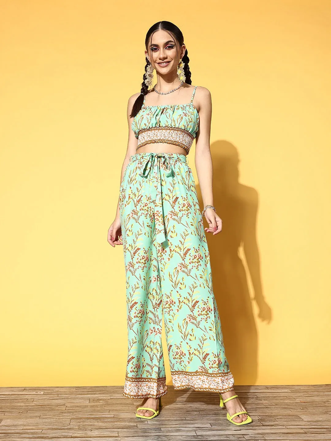 Berrylush Women Green & Yellow Floral Printed Round Neck Waist Tie-Up Crop Top & Wide-Leg Trousers Set