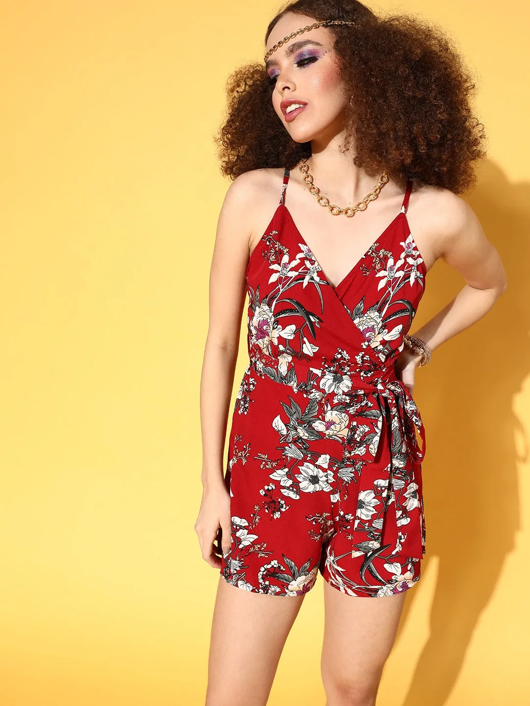 Berrylush Women Maroon & White Floral Printed V-Neck Criss-Cross Back Tie-Up Waist Wrap Mini Playsuit