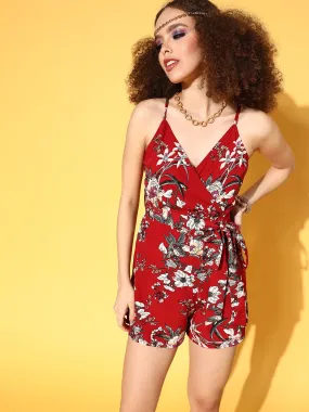Berrylush Women Maroon & White Floral Printed V-Neck Criss-Cross Back Tie-Up Waist Wrap Mini Playsuit