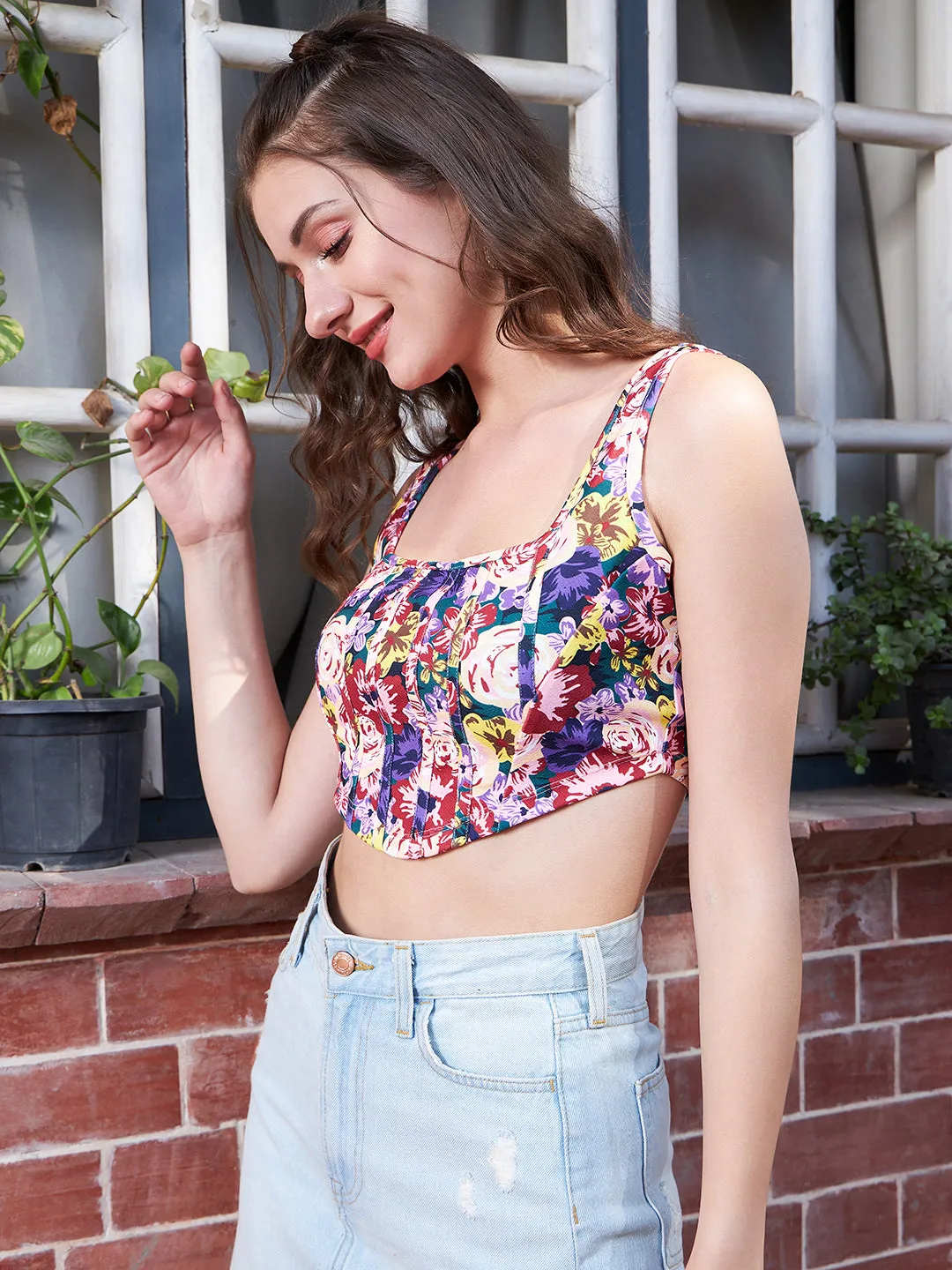 Berrylush Women Multicolour Floral Printed Scoop Neck Sleeveless Crepe Cropped Top