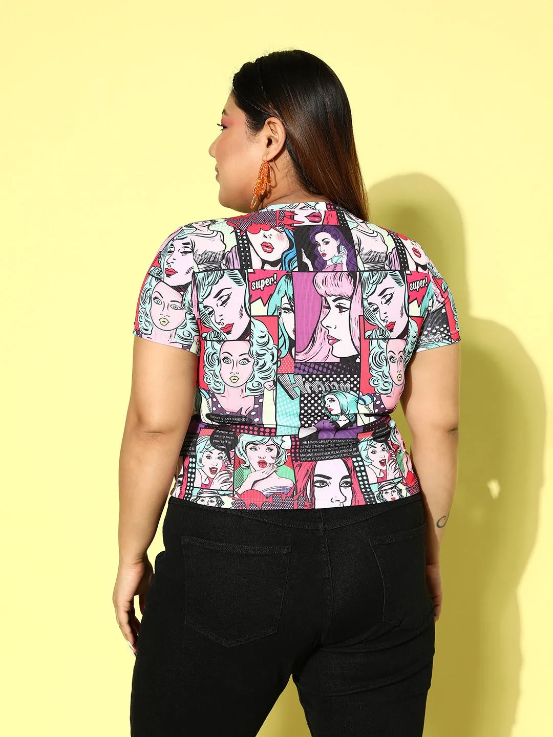 Berrylush Women Plus Size Multicolour Graphic Printed Round Neck Knitted Regular T-Shirt