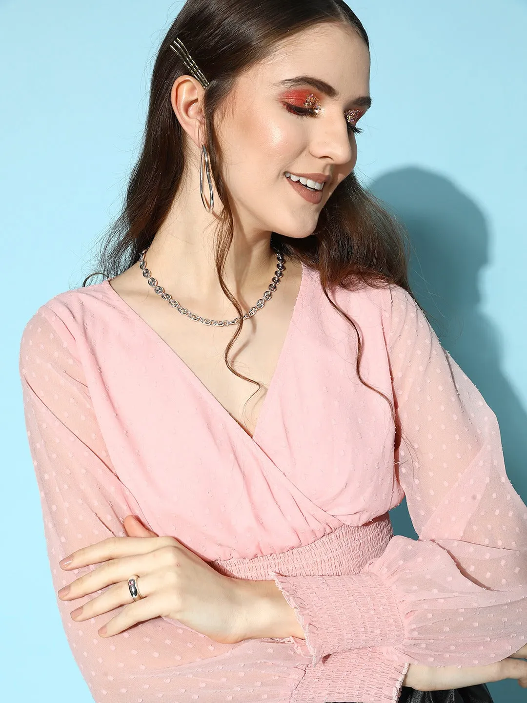 Berrylush Women Solid Pink Dobby Weave V-Neck Bishop Sleeve Georgette Smocked Empire Crop Top