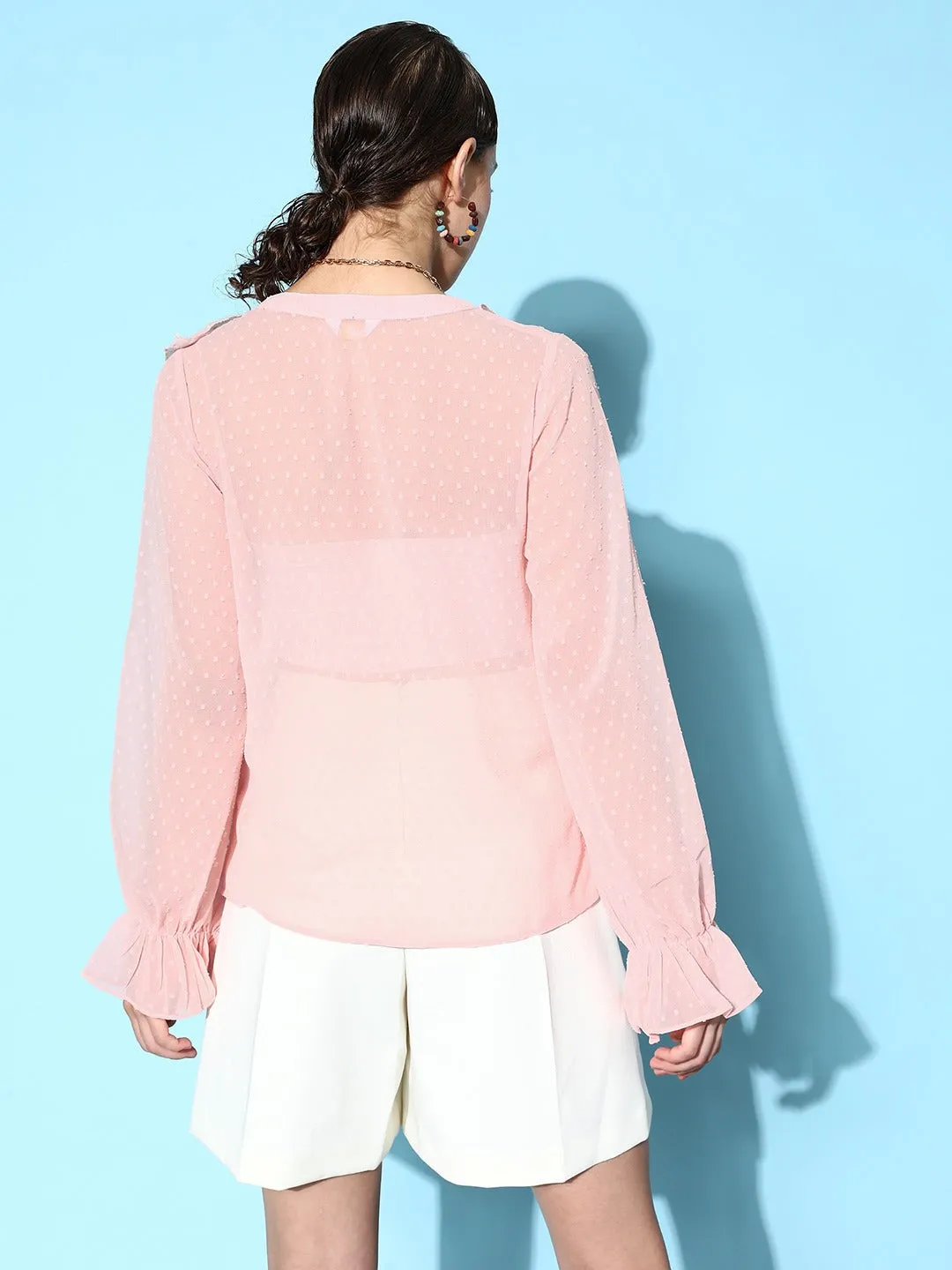Berrylush Women Solid Pink Dobby Weave V-Neck Semi-Sheer Ruffled Regular Top