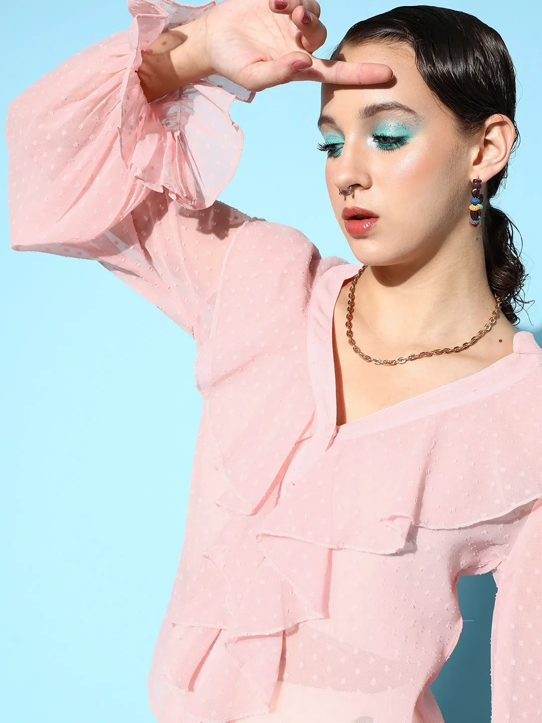 Berrylush Women Solid Pink Dobby Weave V-Neck Semi-Sheer Ruffled Regular Top