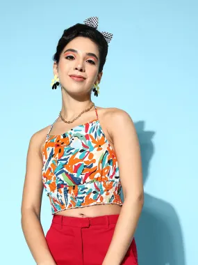 Berrylush Women White & Multicolour Abstract Printed Halter Neck Crepe Tie-Up Backless Cropped Top