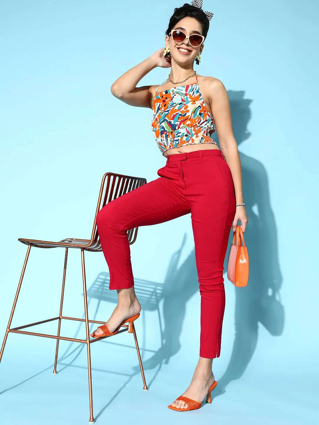Berrylush Women White & Multicolour Abstract Printed Halter Neck Crepe Tie-Up Backless Cropped Top