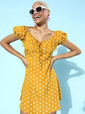Berrylush Women Yellow & White Polka Dot Printed Sweetheart Neck Ruched A-Line Mini Dress