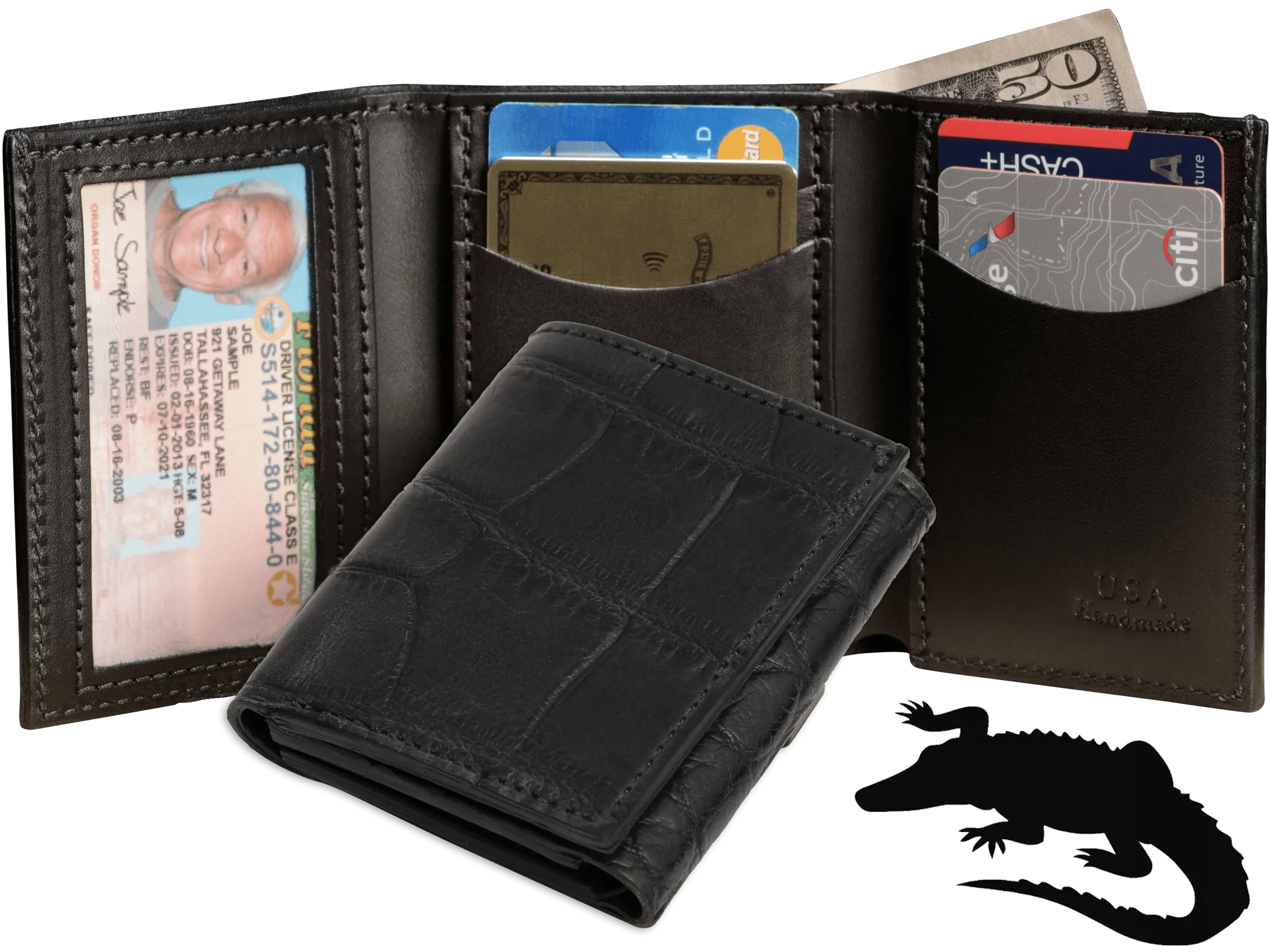 Black Alligator Luxury Designer Exotic Trifold Wallet With ID Window