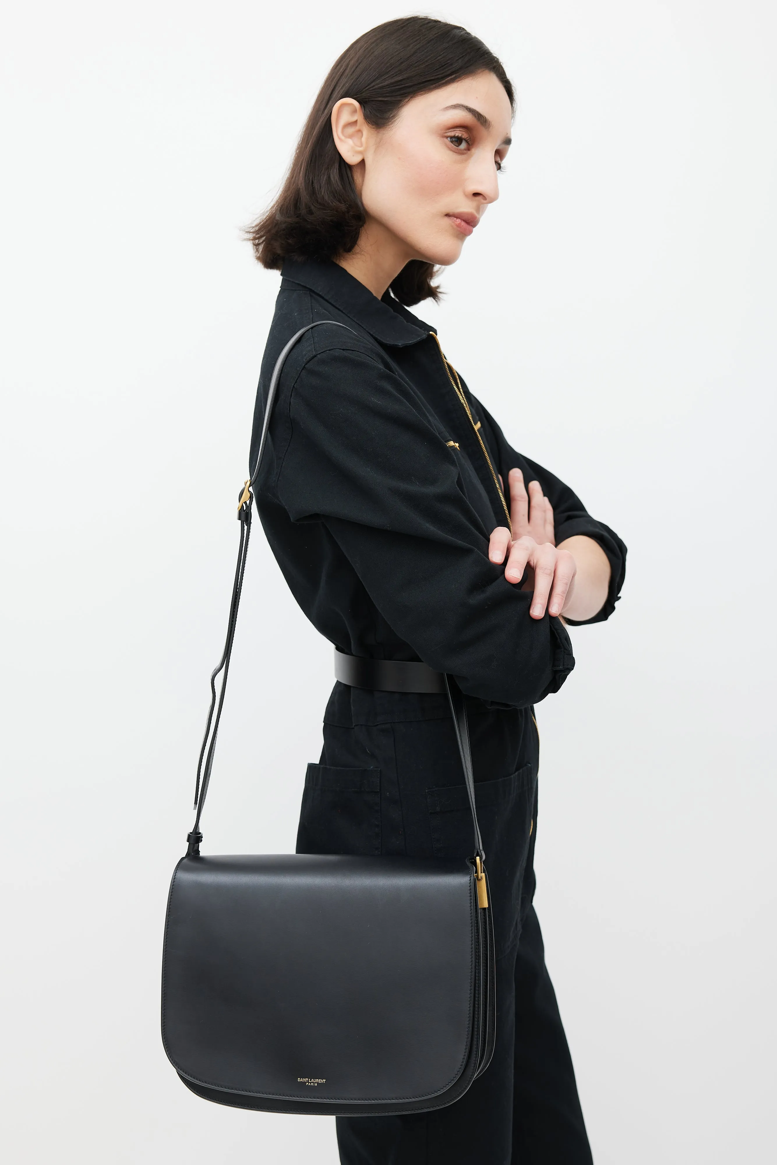 Black & Gold Leather Saddle Bag
