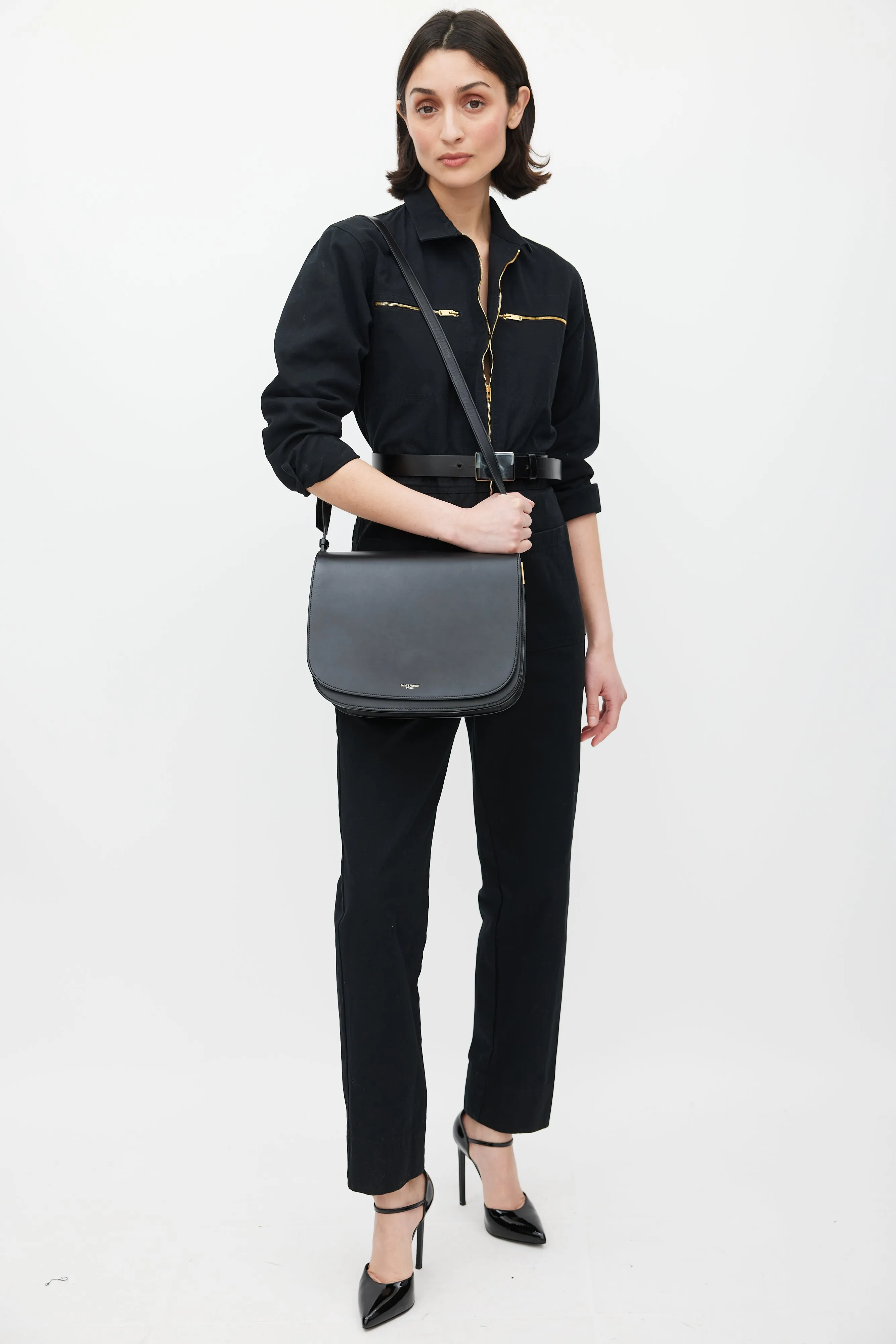 Black & Gold Leather Saddle Bag