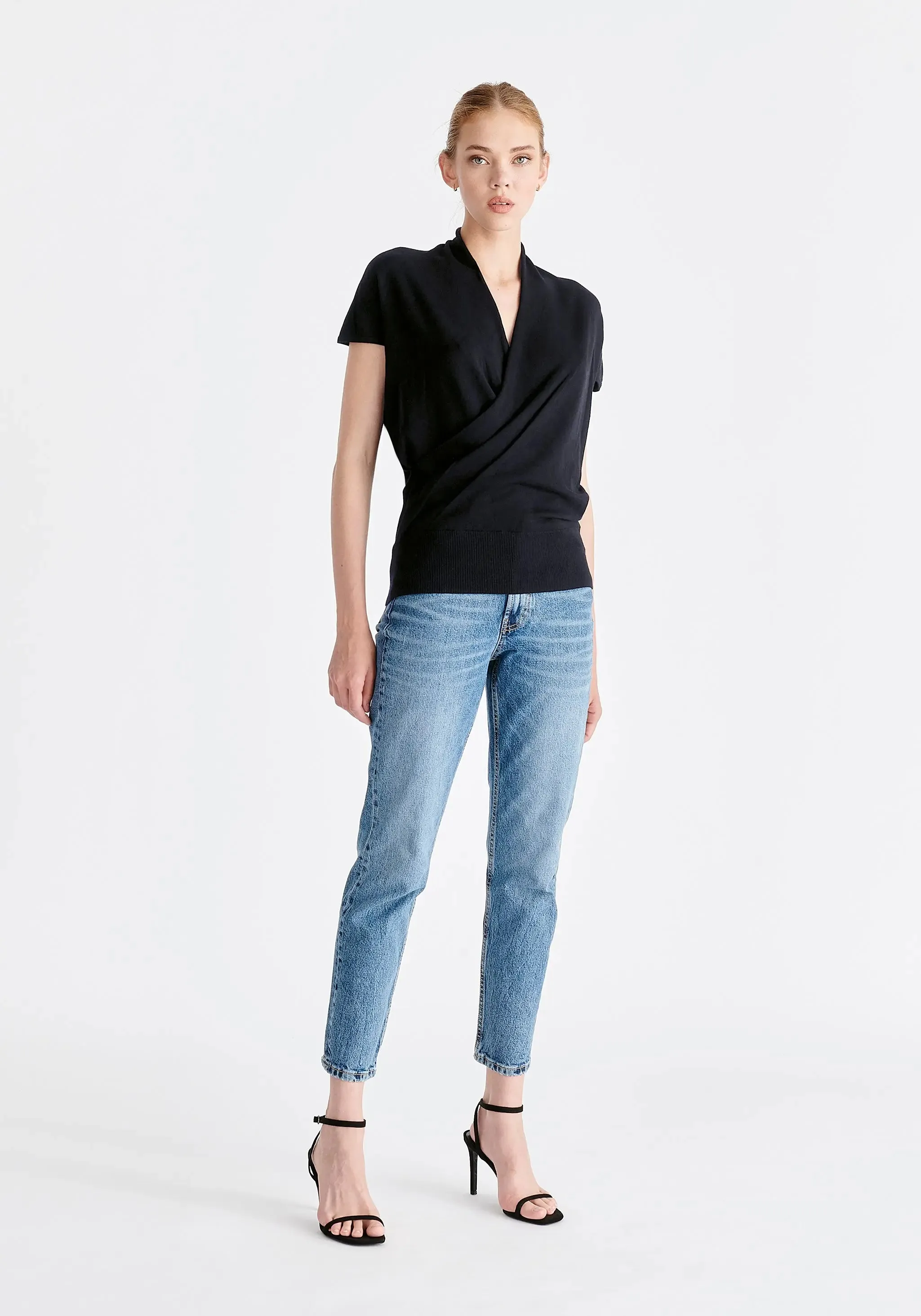 Black Cap Sleeve Wrap Top