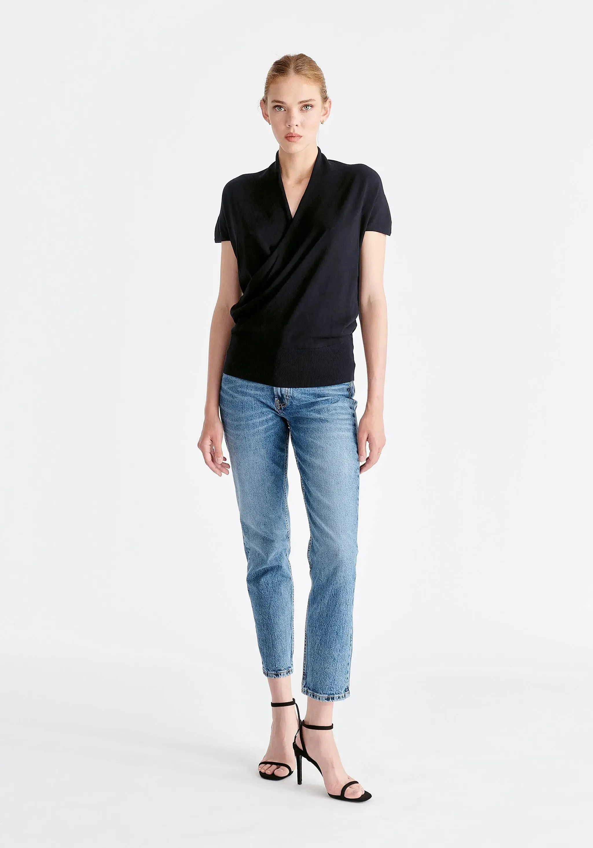 Black Cap Sleeve Wrap Top