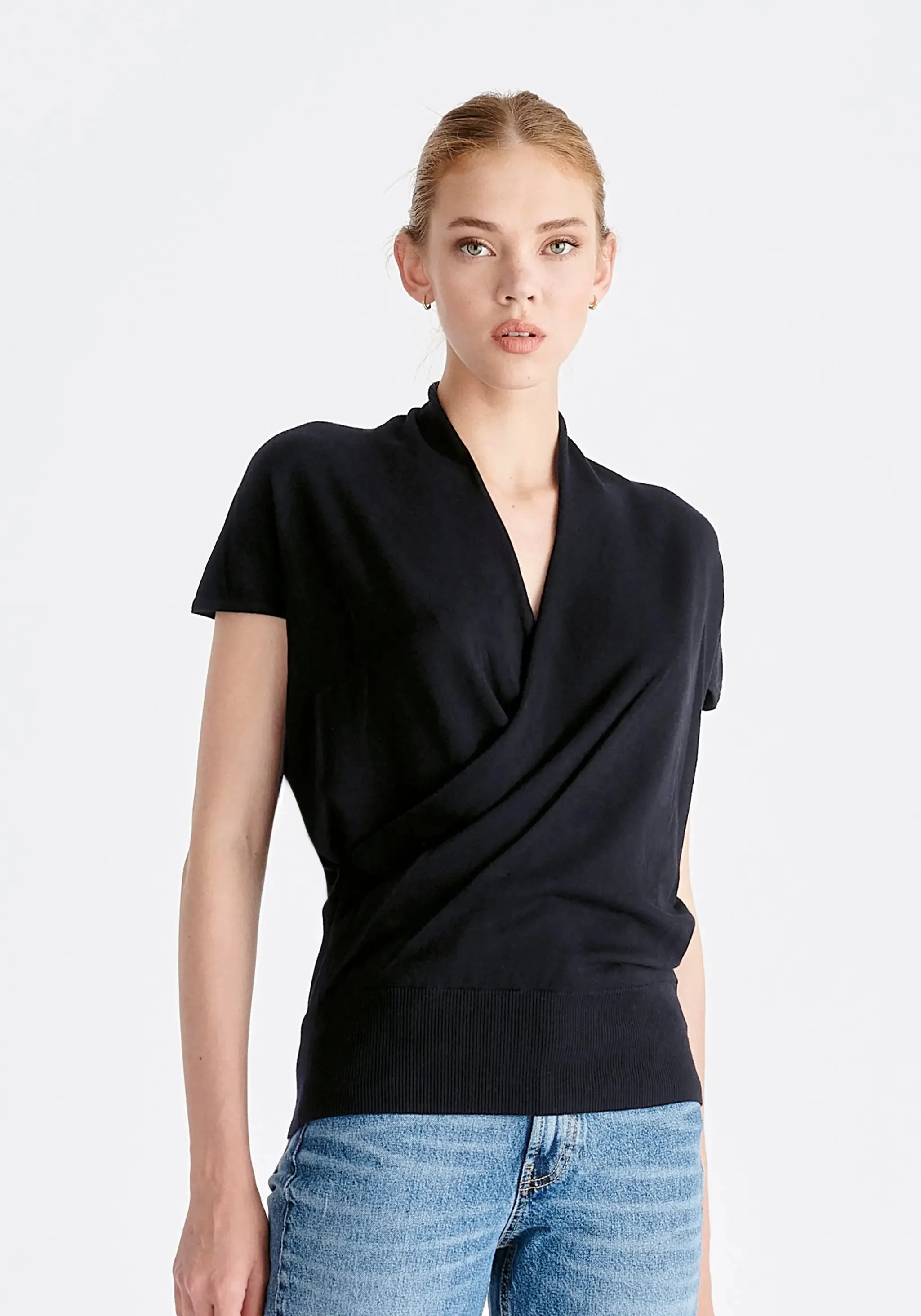 Black Cap Sleeve Wrap Top