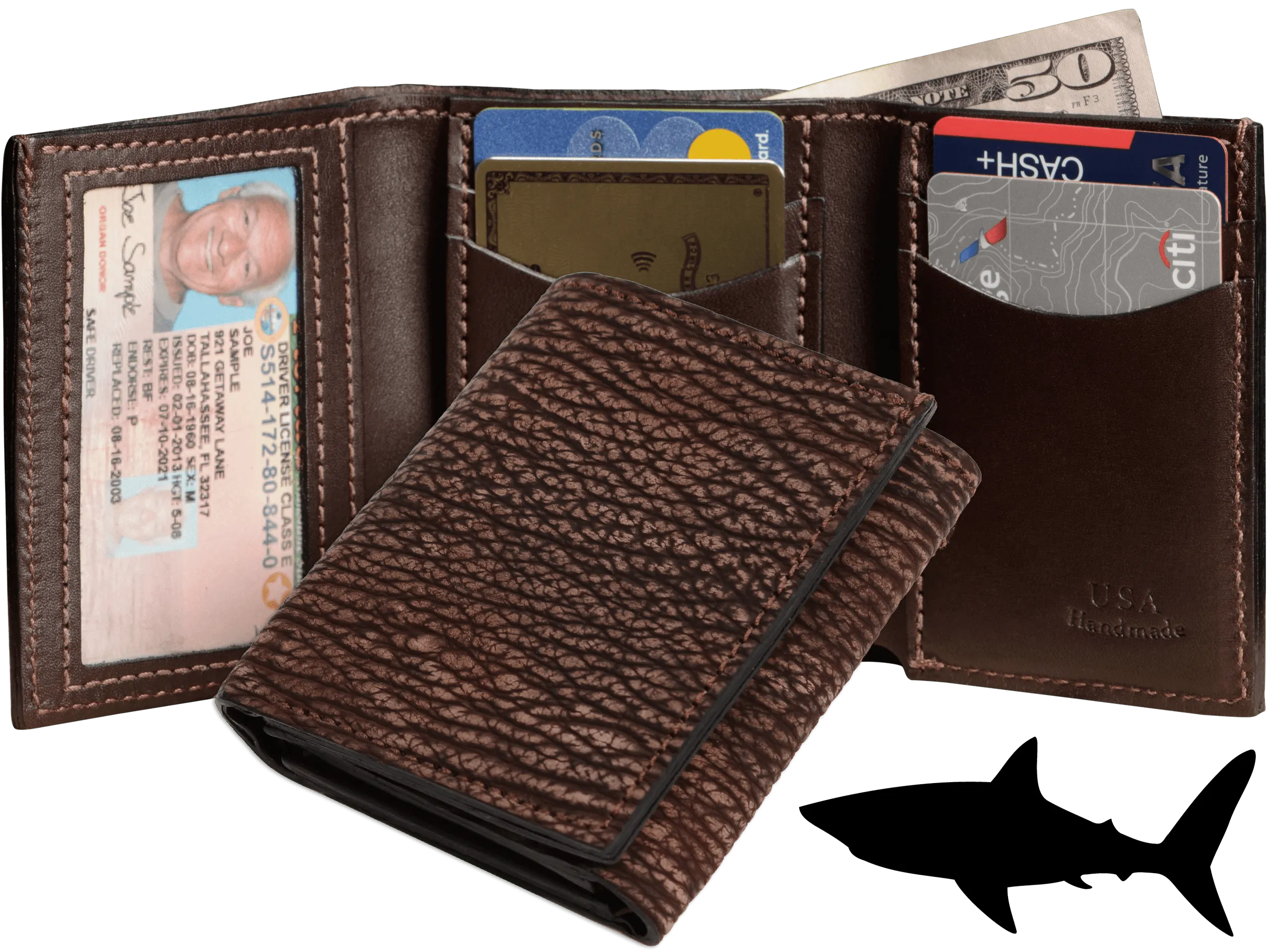 Brown Suede Shark Luxury Designer Exotic Trifold Wallet With ID Window
