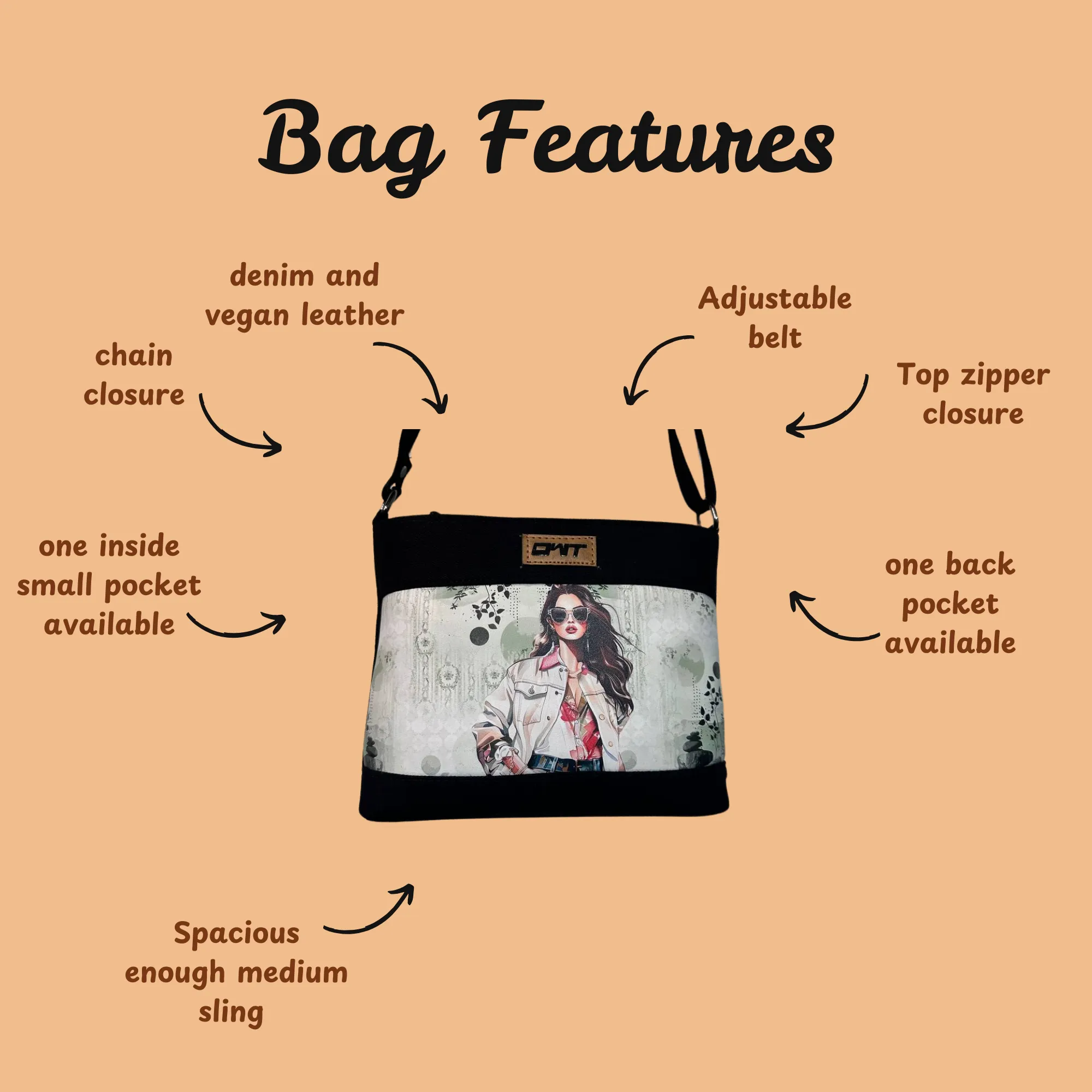 DURABLE BLACK DENIM SLING BAG - A3