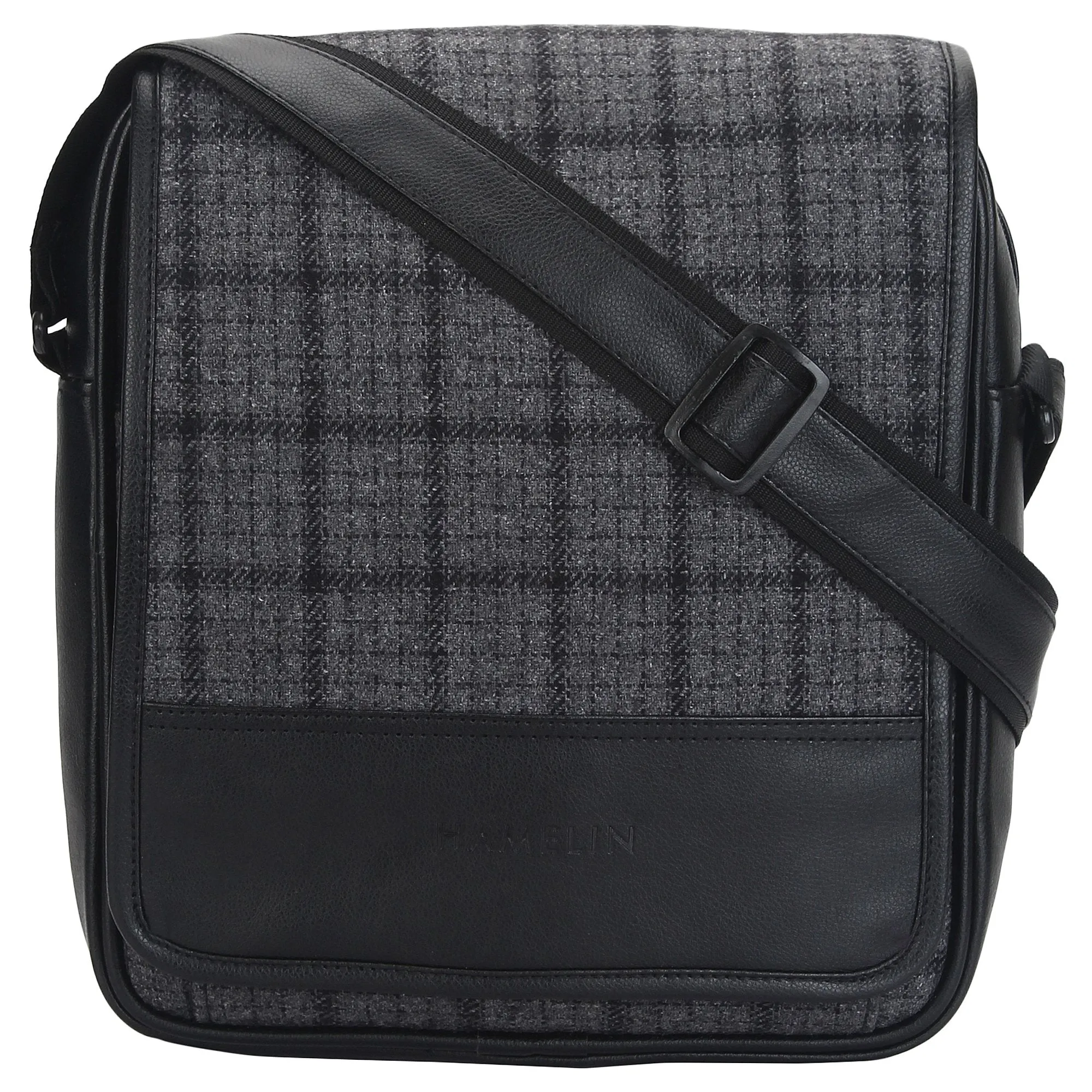 Grey Overcheck Twill - Tweed and Vegan Leather Messenger Bag