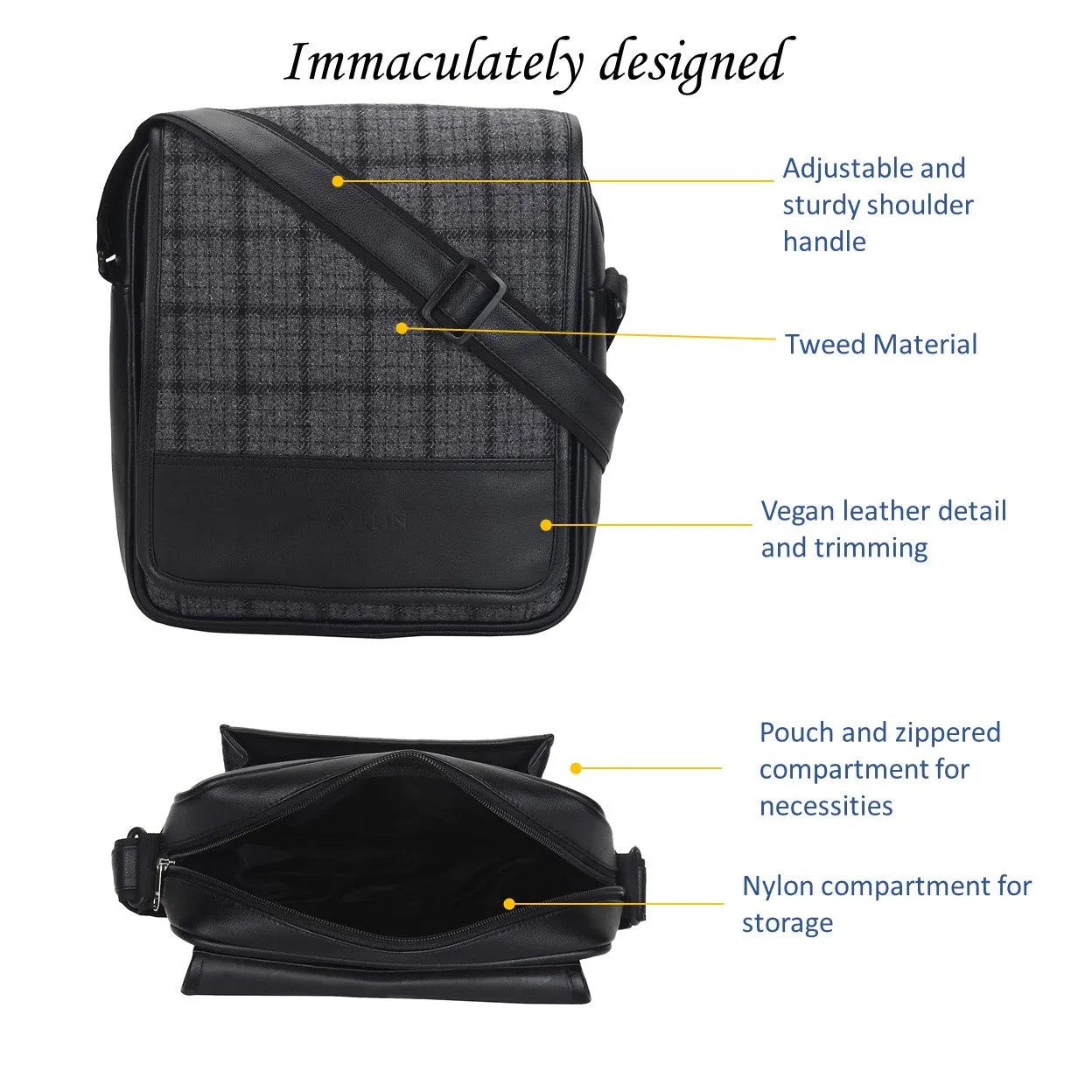 Grey Overcheck Twill - Tweed and Vegan Leather Messenger Bag