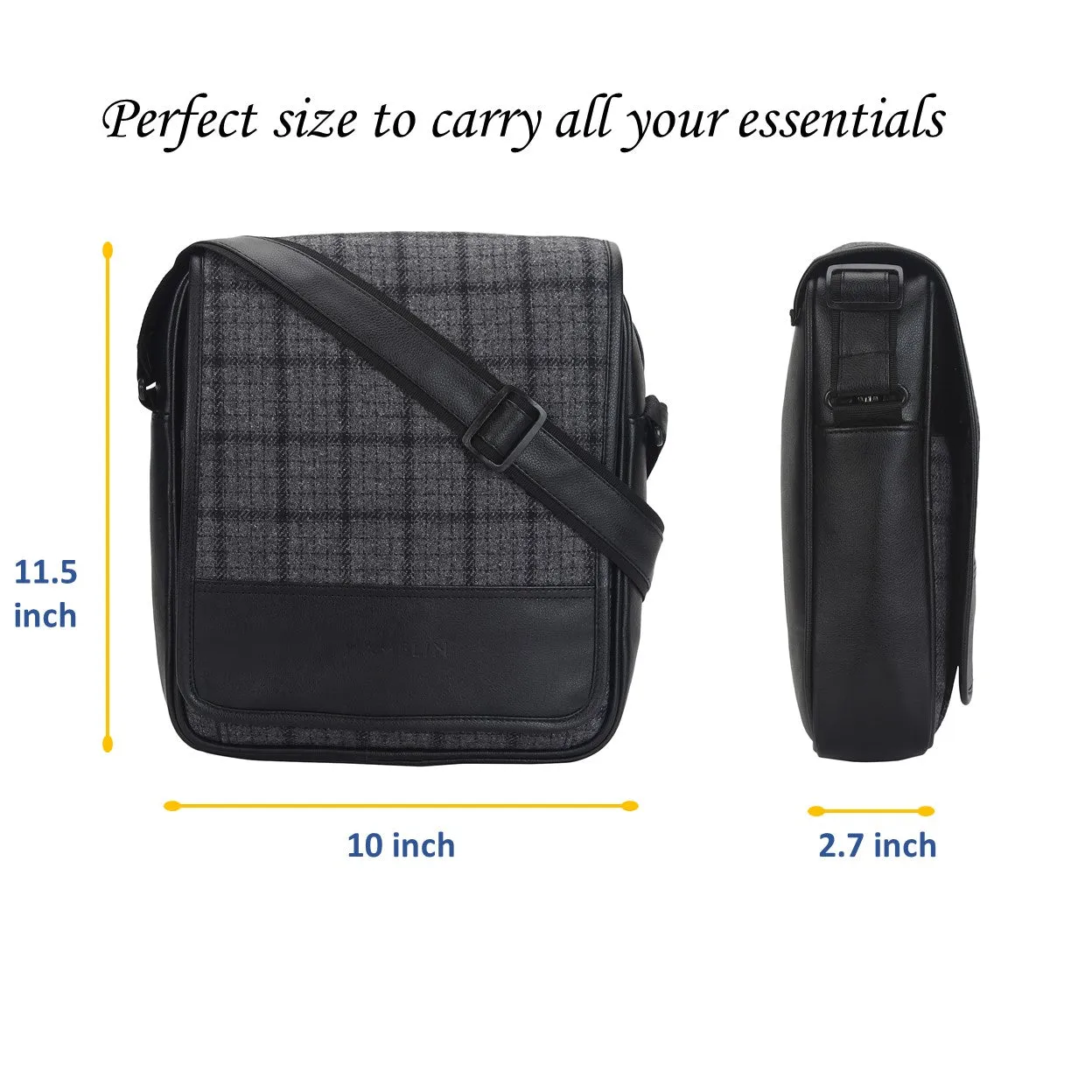 Grey Overcheck Twill - Tweed and Vegan Leather Messenger Bag