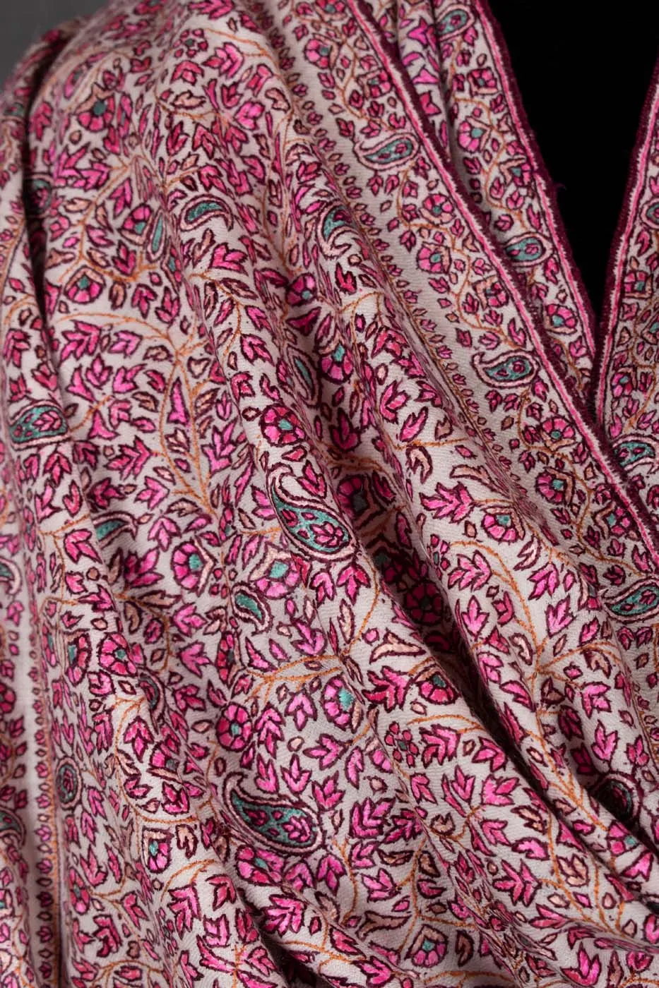 ISRA Mulberry Silk Embroidered Pashmina Shawl - 45x90"