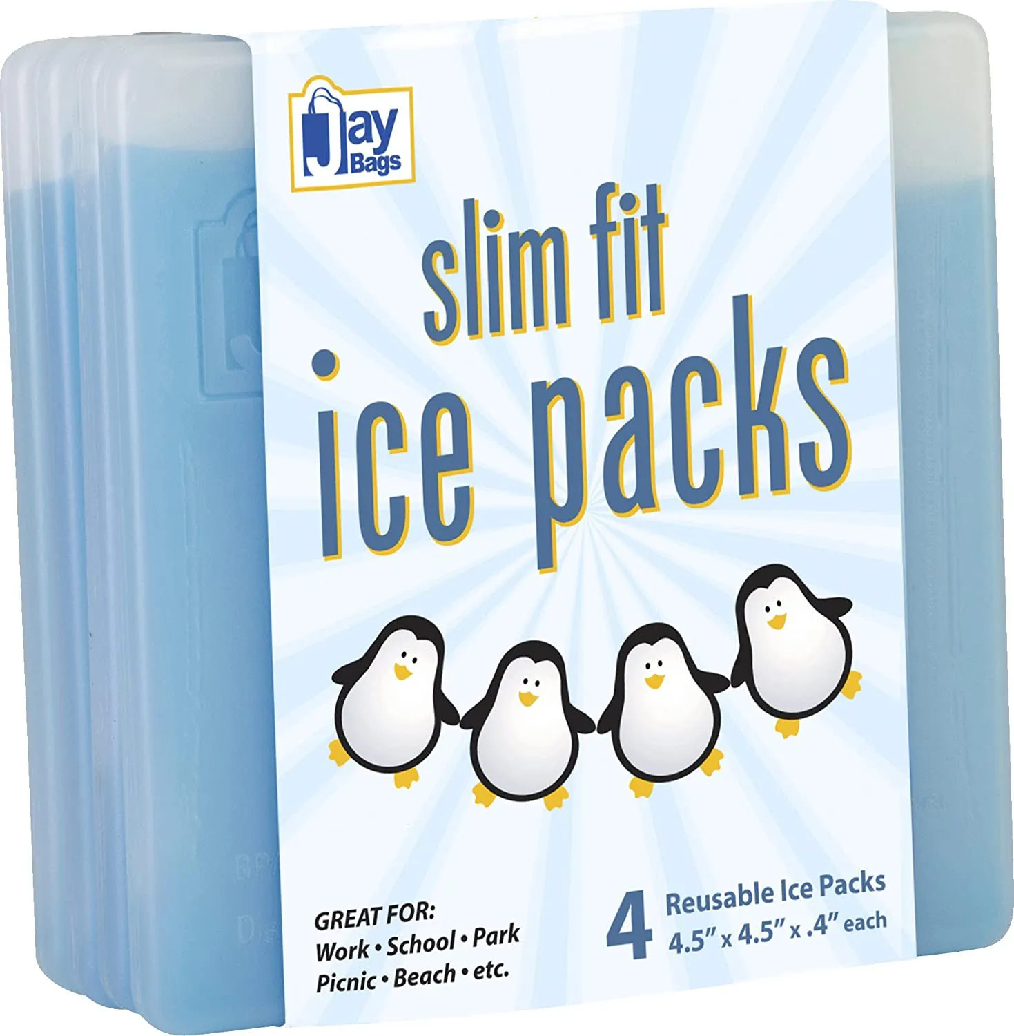 Jay Bags Slim Fit Ice Packs for Coolers, Lunch Boxes, and Lunch Bags, Reusable, 5" x 7" x 0.5" Inches, 4 Pack
