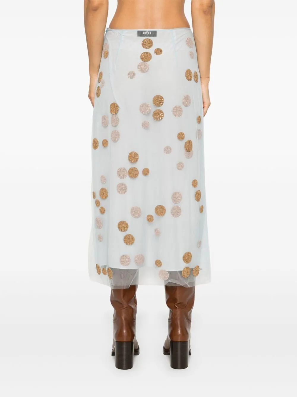 LIGHT BLUE EMBROIDERED SILK TULLE MIDI SKIRT