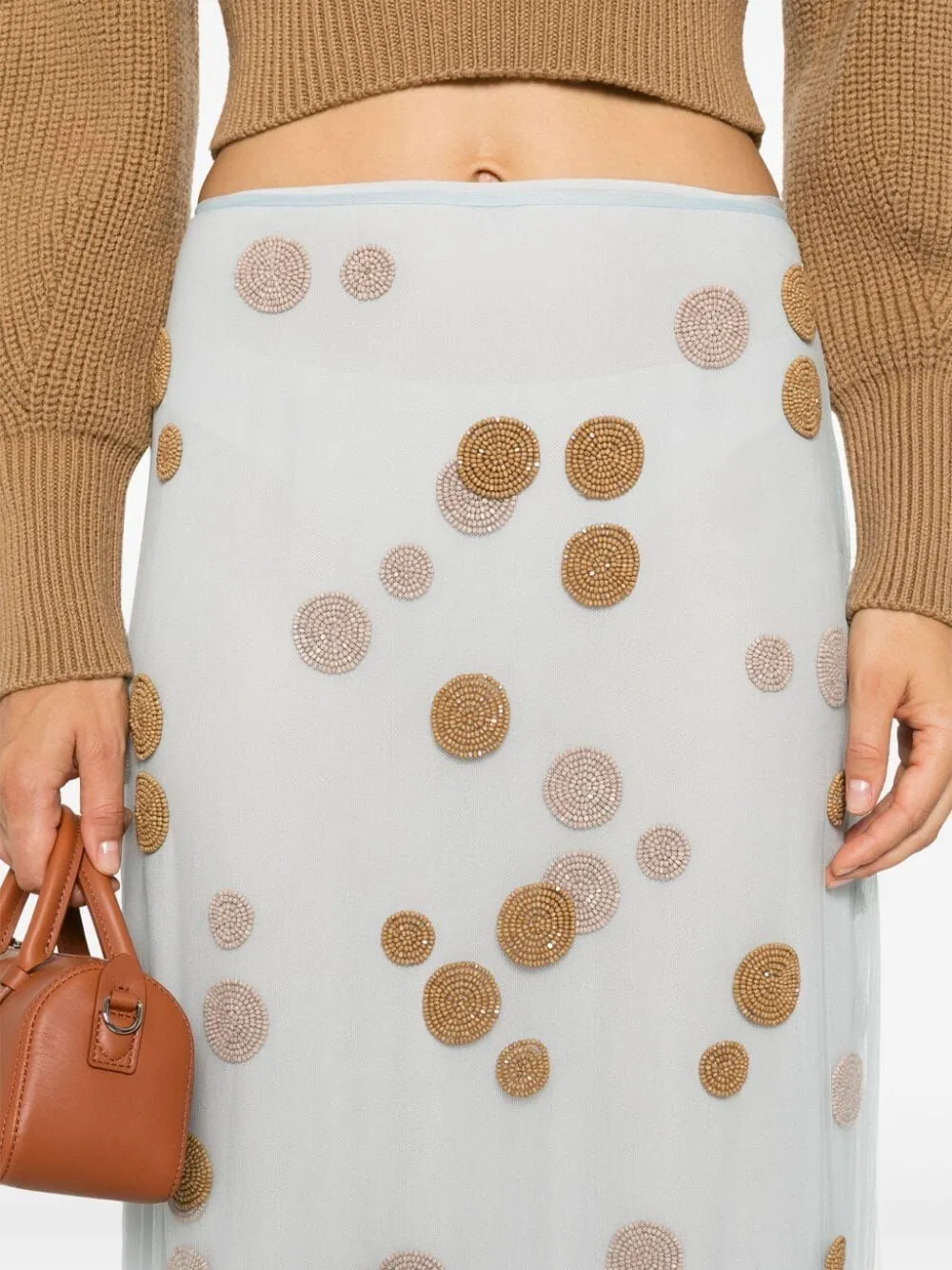 LIGHT BLUE EMBROIDERED SILK TULLE MIDI SKIRT