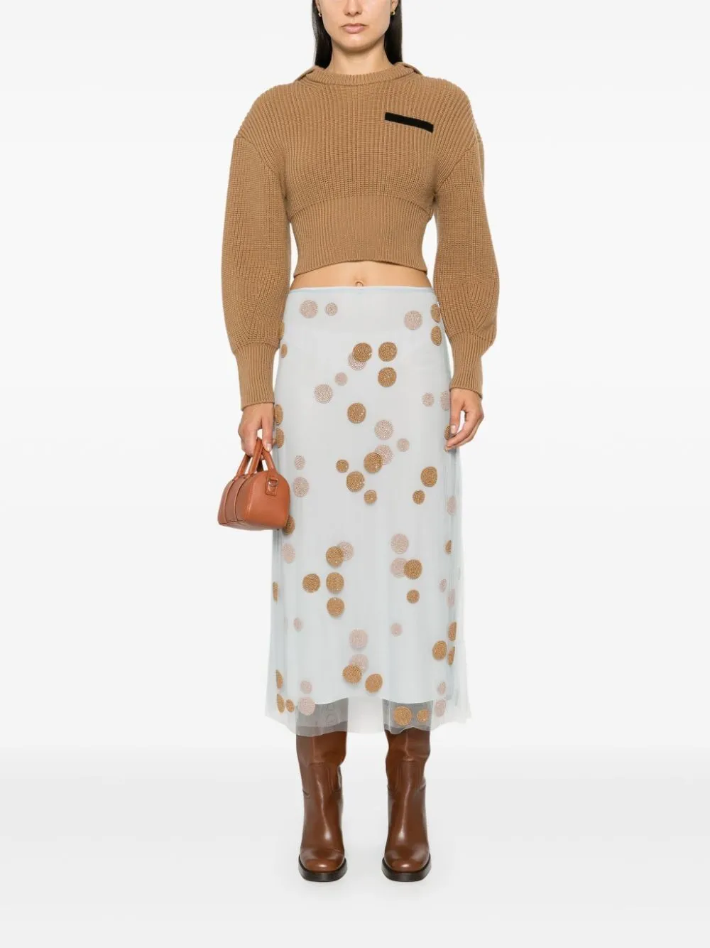 LIGHT BLUE EMBROIDERED SILK TULLE MIDI SKIRT