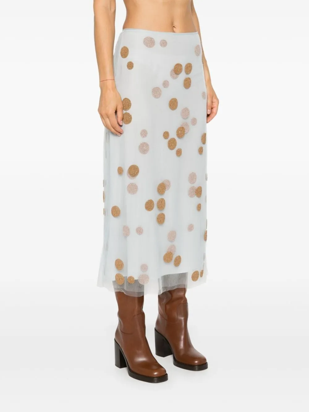 LIGHT BLUE EMBROIDERED SILK TULLE MIDI SKIRT