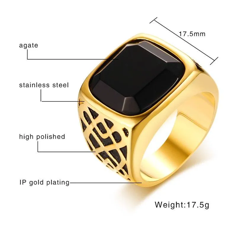 Men Square Black Carnelian Semi-Precious Stone Signet Ring in Gold Tone Stainless Steel for Male Jewelry Anillos Accessories