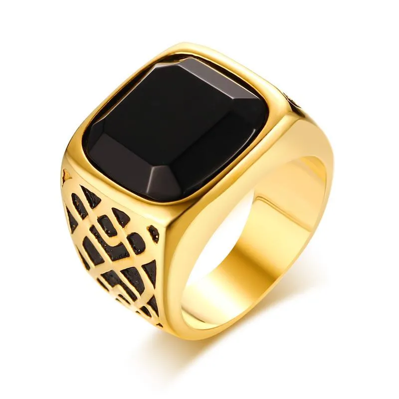 Men Square Black Carnelian Semi-Precious Stone Signet Ring in Gold Tone Stainless Steel for Male Jewelry Anillos Accessories