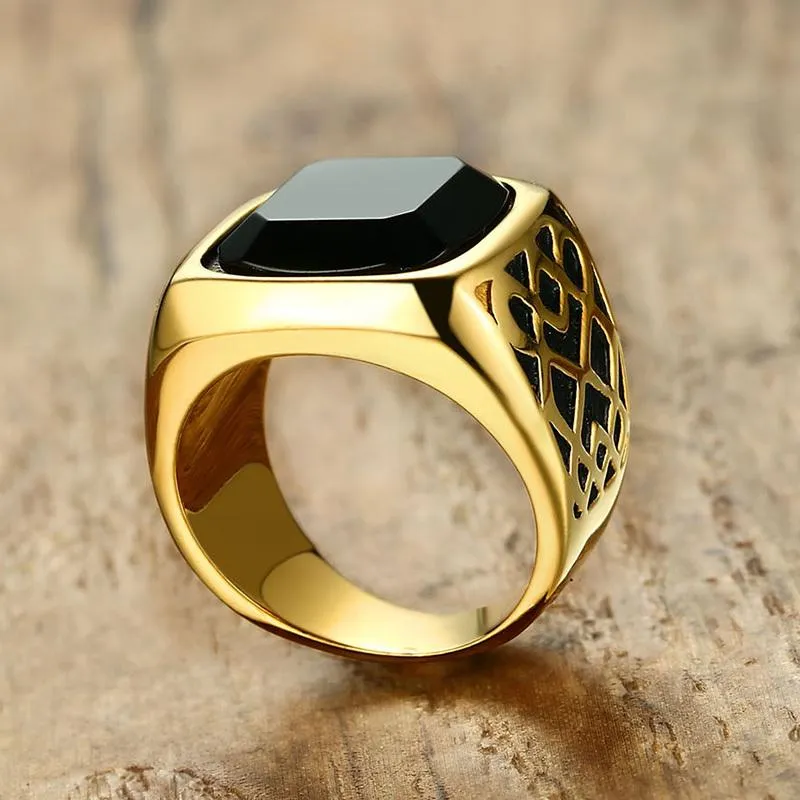 Men Square Black Carnelian Semi-Precious Stone Signet Ring in Gold Tone Stainless Steel for Male Jewelry Anillos Accessories
