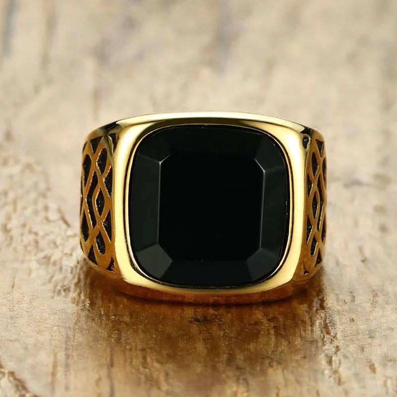 Men Square Black Carnelian Semi-Precious Stone Signet Ring in Gold Tone Stainless Steel for Male Jewelry Anillos Accessories