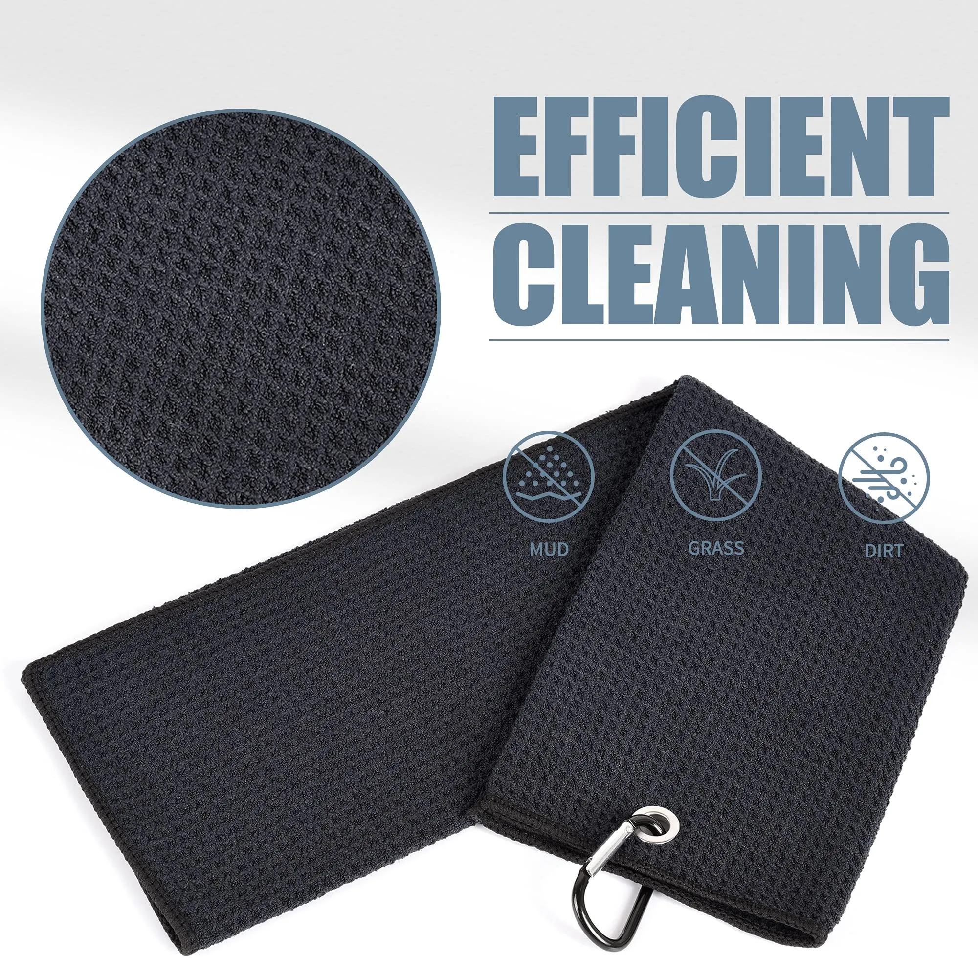 Mile High Life Tri-fold Golf Towel | Premium Microfiber Fabric | Waffle Pattern | with Heavy Duty Carabiner Clip | Golf Towel for Men and Women (Black Golf Towel)