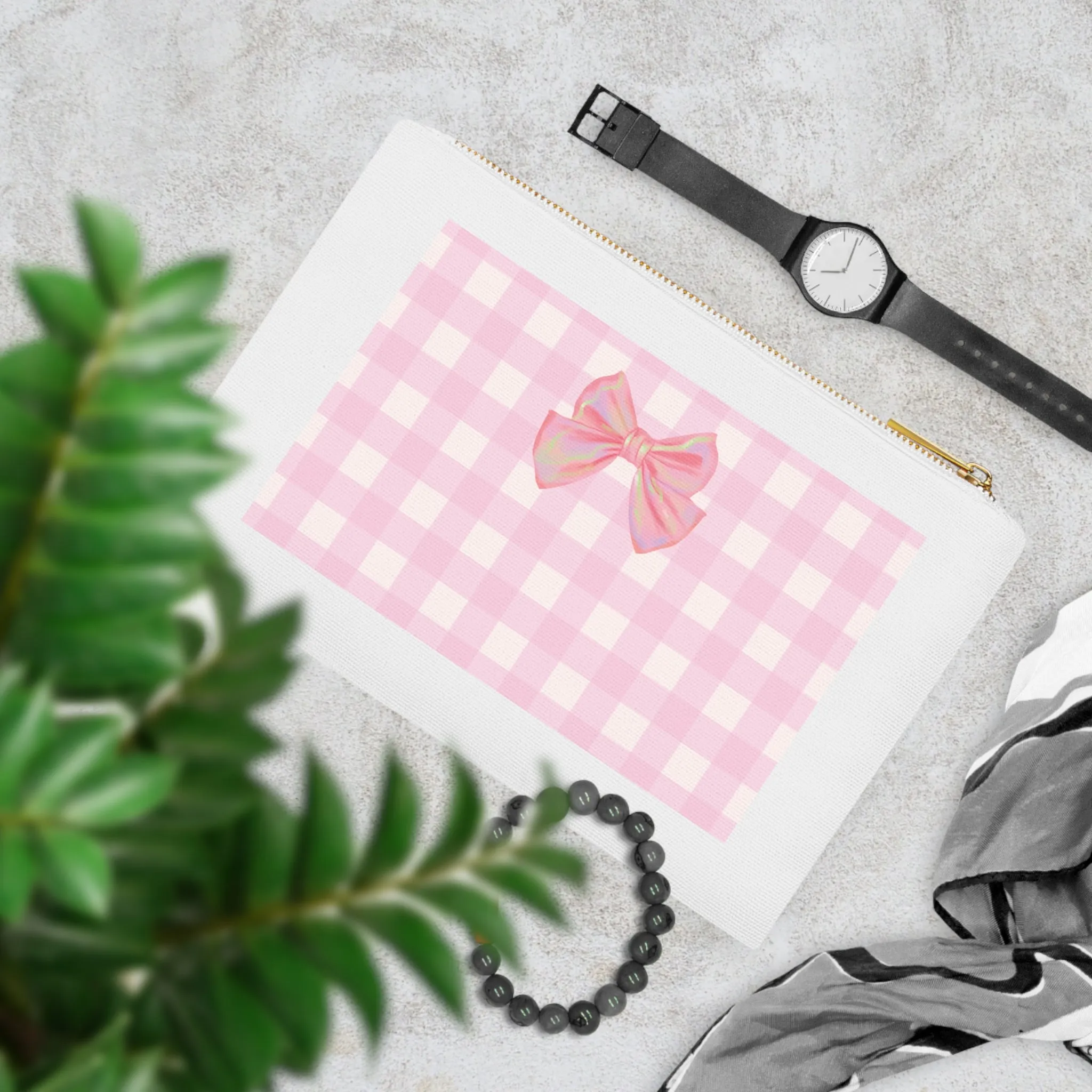 Ren Print in Hologram Plaids with Pink Bow Cosmetic Bag